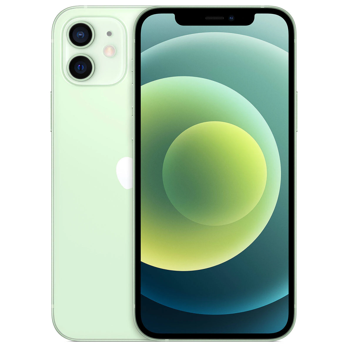 Zielony iPhone z aparatem z dwoma obiektywami. Telefon na białym tle. Ekran wyświetla obraz.