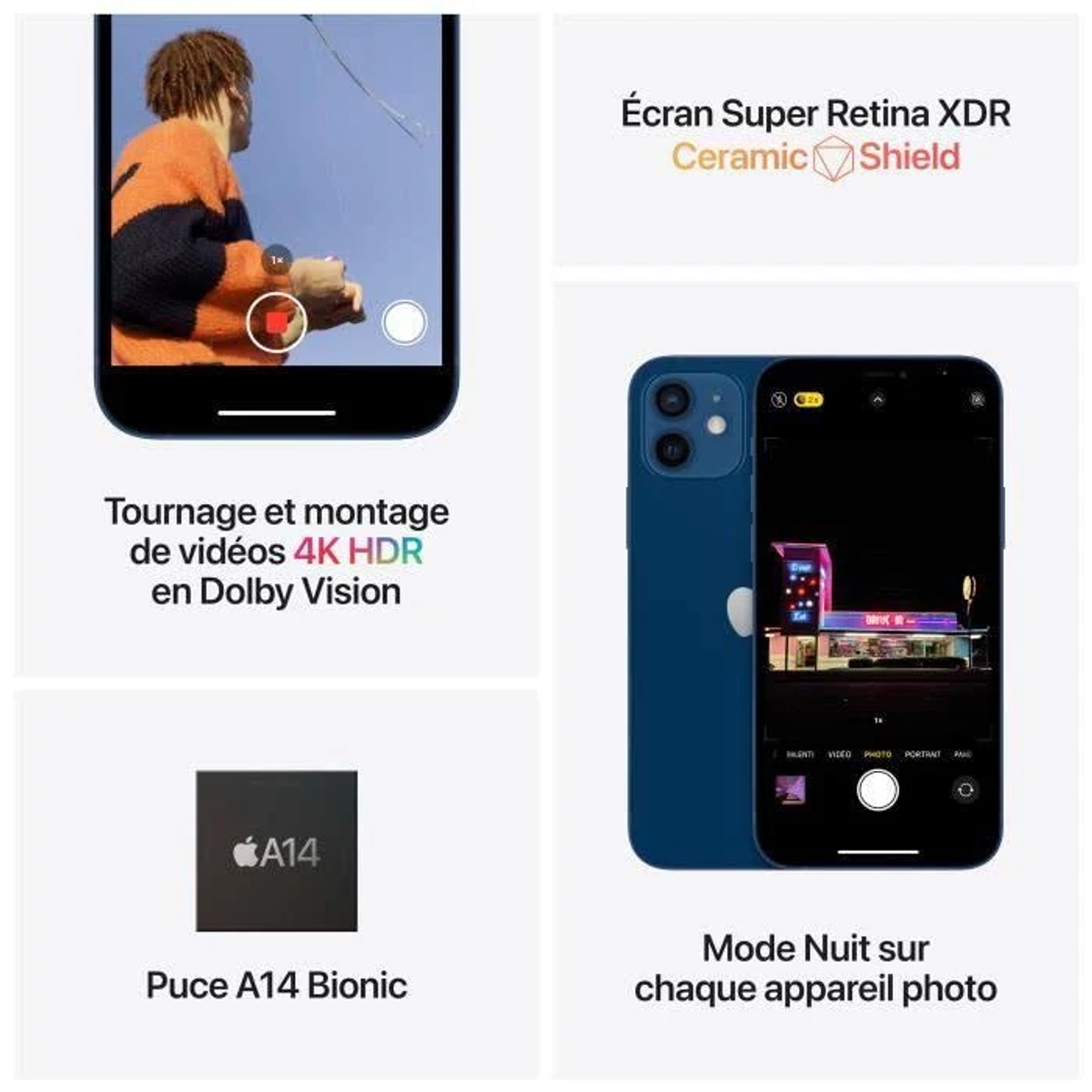 Telefon wyświetlający przechwytywanie wideo z tekstem o wideo 4K HDR i chipie A14.