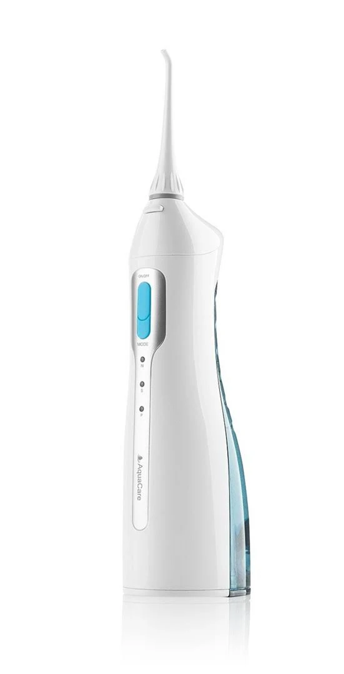 Biało-niebieski irygator do zębów. Urządzenie na białym tle.