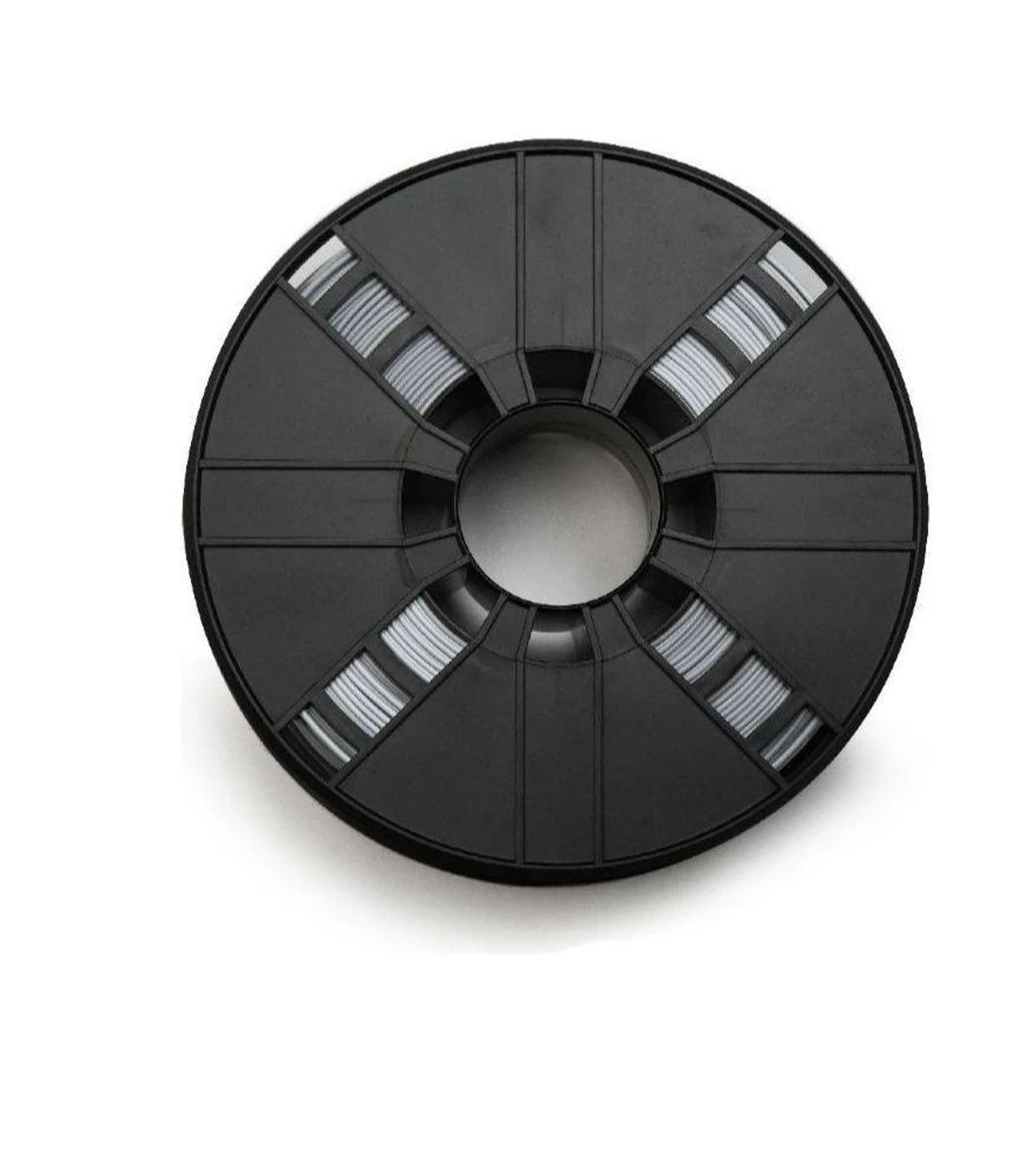 Schwarze Spule mit 3D-Drucker-Filament, isoliert auf Weiß.