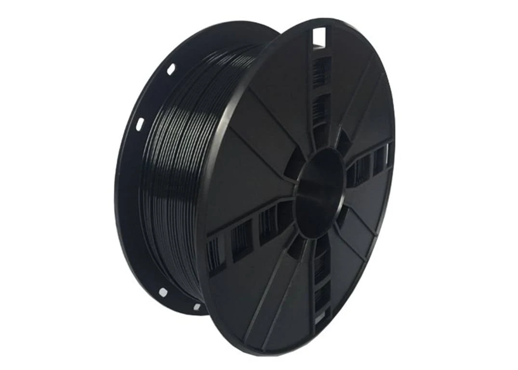 Schwarze 3D-Drucker-Filamentspule. Das Filament ist um eine schwarze Kunststoffspule gewickelt.
