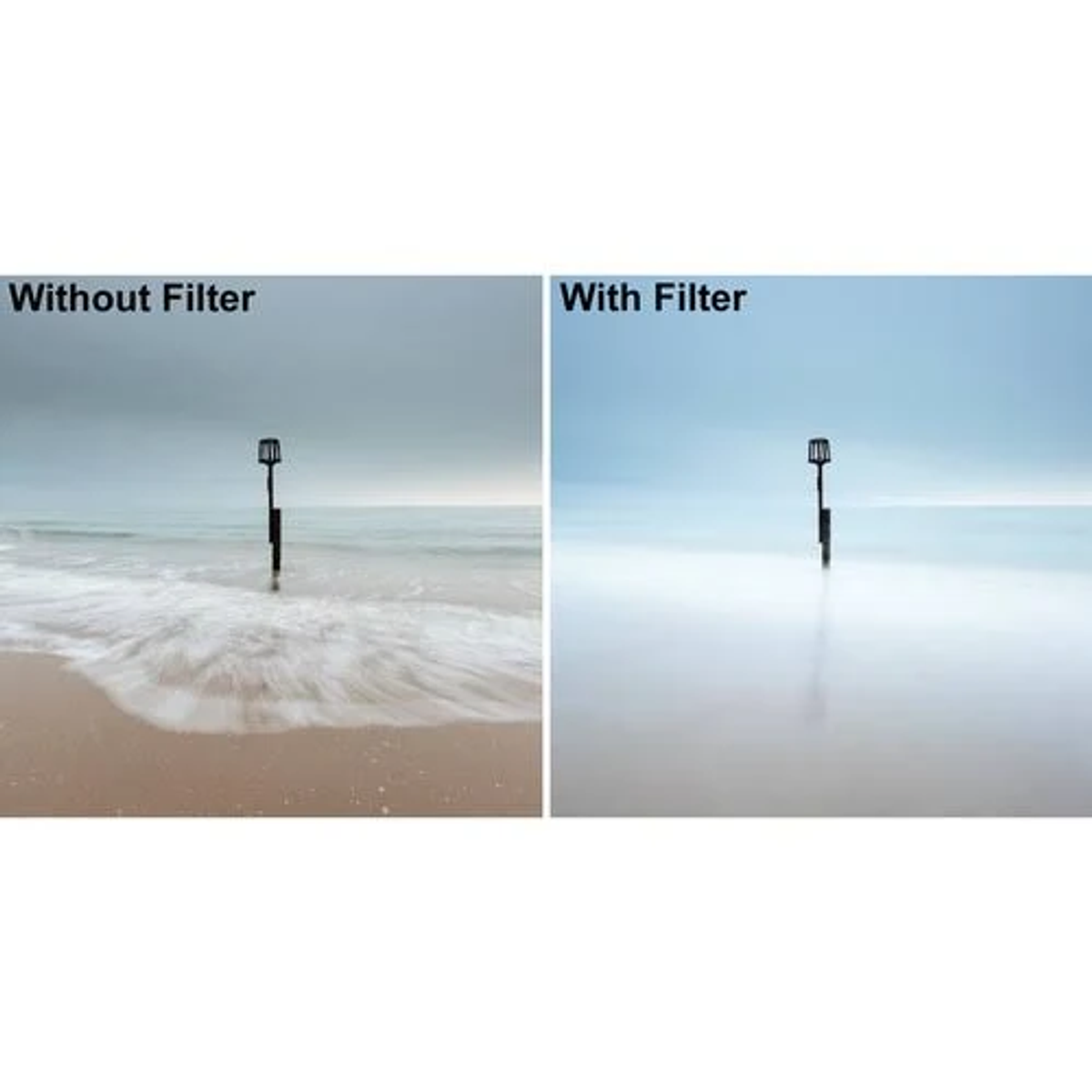 Due immagini: una scena di spiaggia senza e con filtro applicato. Una mostra l'effetto.