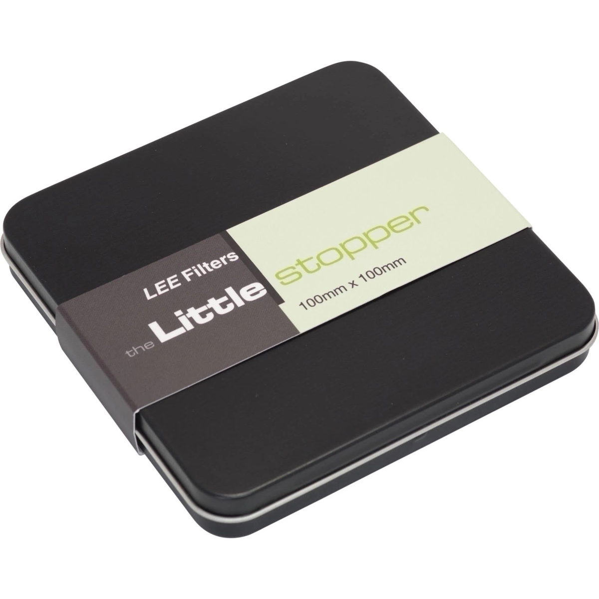 Una scatola di metallo nera con un'etichetta verde che dice 'stopper' e 'LEE Filters'.