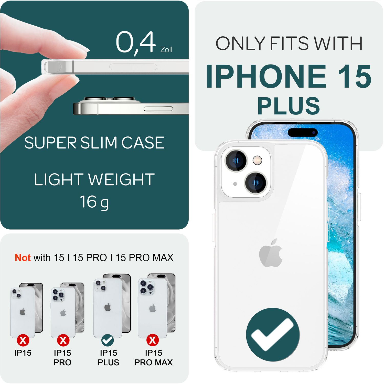 Imagen de una funda de teléfono con un iPhone 15 Plus y otros modelos de iPhone, con texto y marca de verificación.