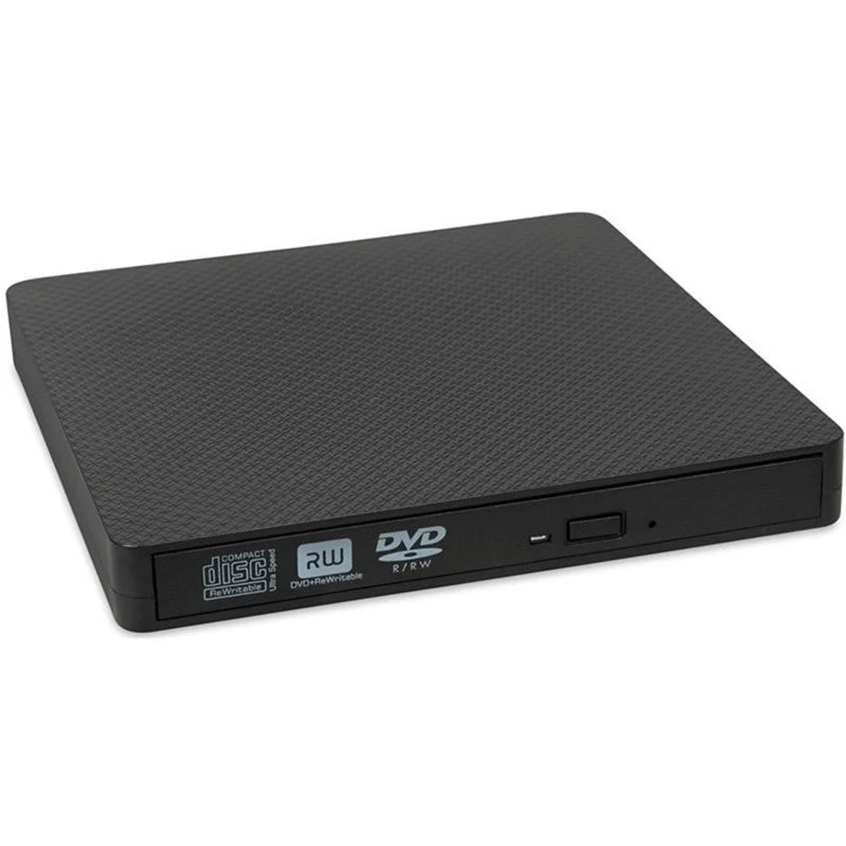 Czarny napęd DVD/CD. To małe, prostokątne urządzenie. Jest na białym tle.