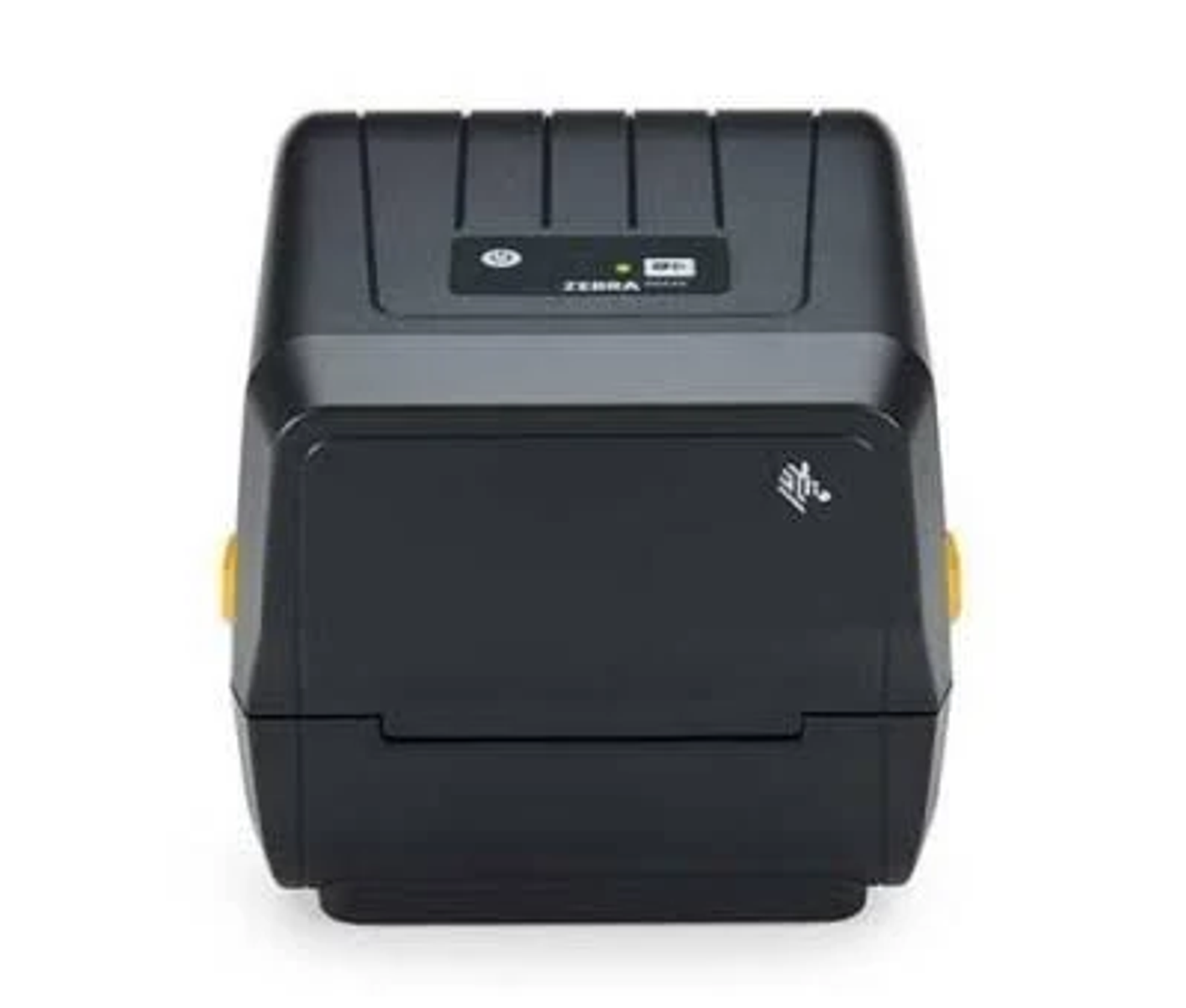 Una stampante di etichette Zebra nera, vista frontalmente. La stampante ha un logo Zebra e un piccolo display.
