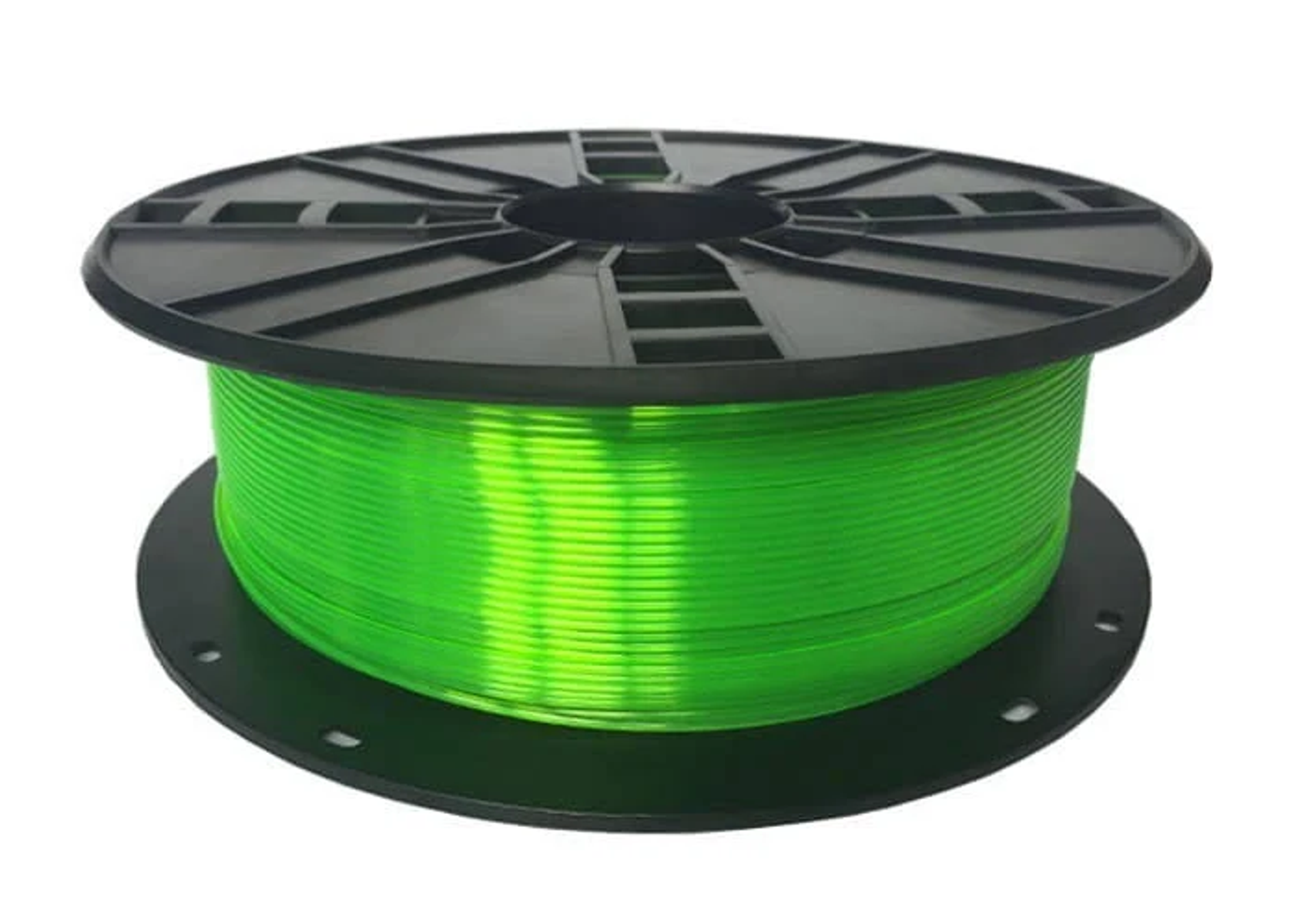 Grüne 3D-Drucker-Filamentrolle auf schwarzem Sockel, weißer Hintergrund.