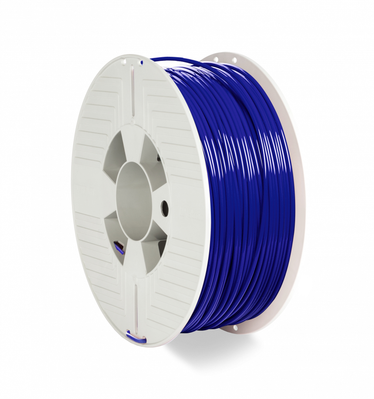 Eine Spule aus blauem Kunststoff-Filament für den 3D-Druck, mit weißer Spule. Das Filament glänzt.