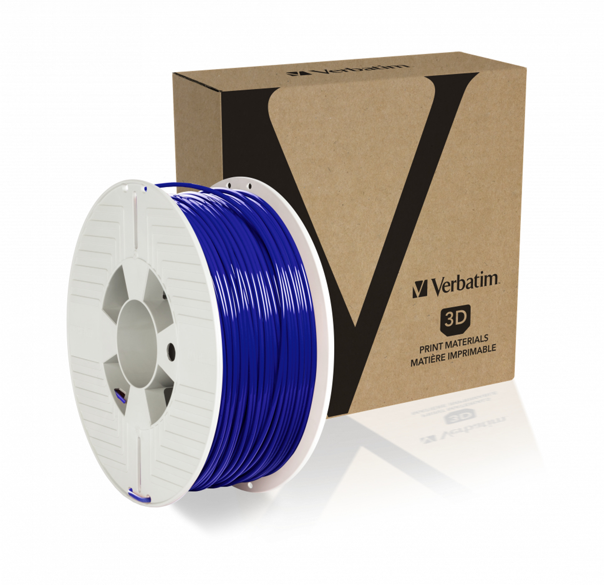 Eine Spule blaues 3D-Druck-Filament neben einer braunen Verbatim-Box.