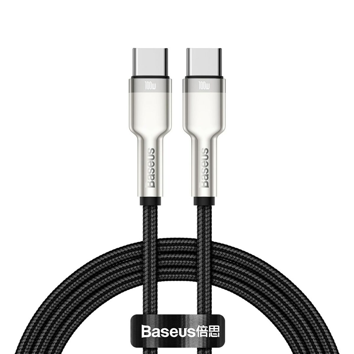 Czarne kable USB-C. Białe tło. Logo Baseus. Tekst 100W na złączach.