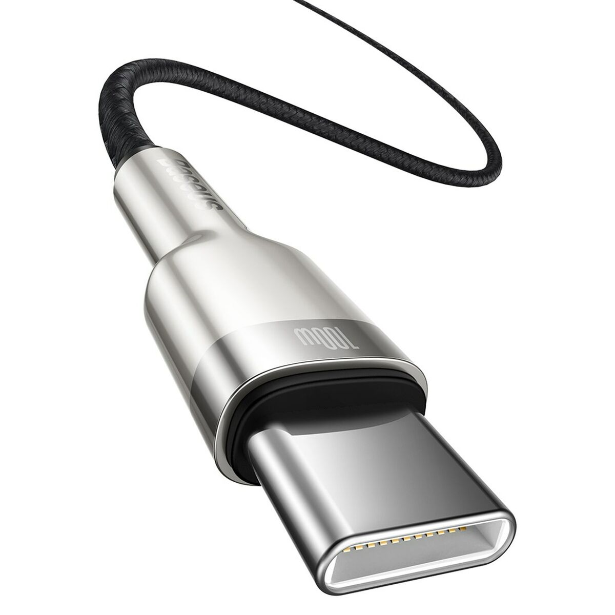 Srebrny kabel USB-C z czarnym, plecionym przewodem, pokazujący szczegóły końcówki złącza.