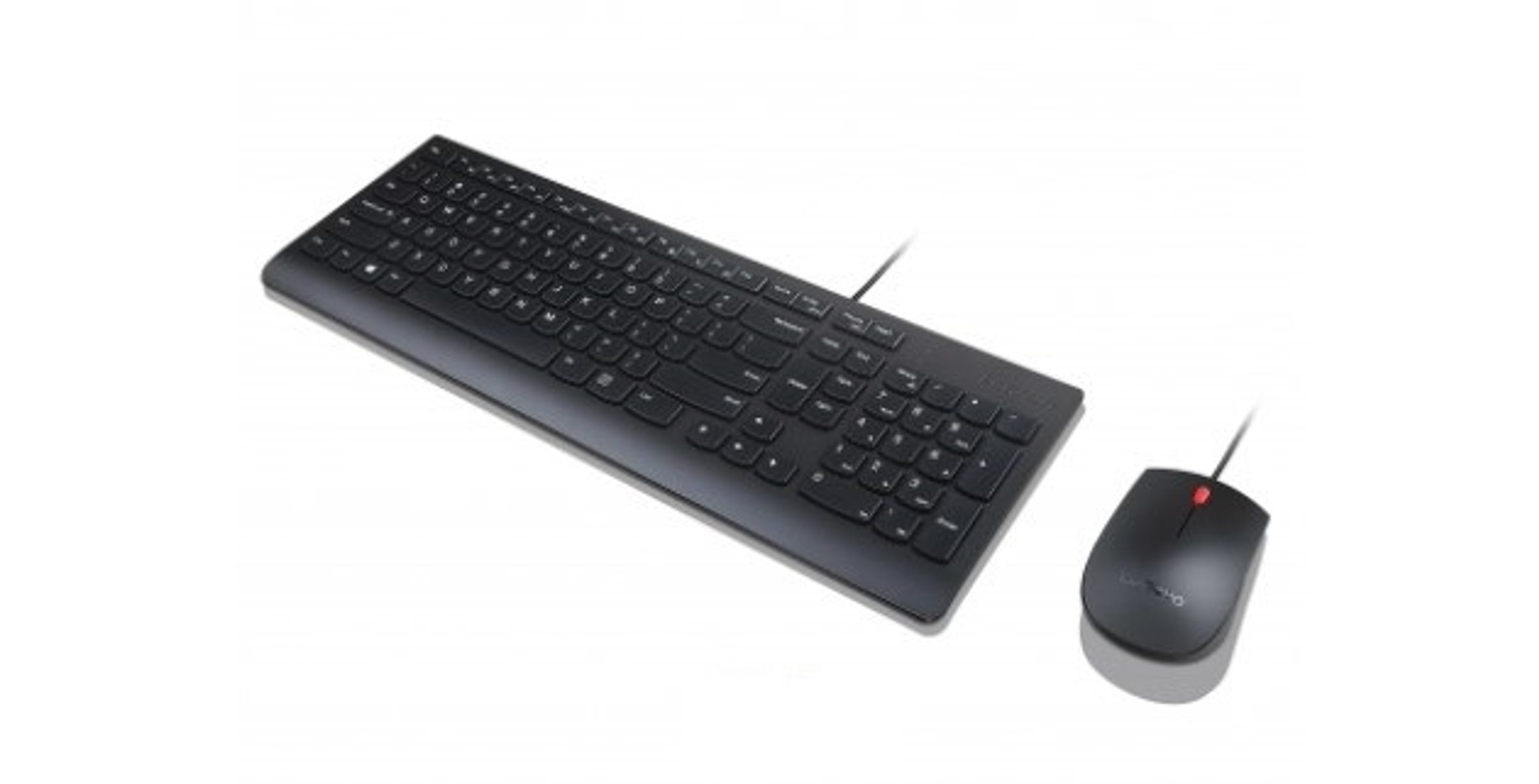 Tastiera e mouse neri per computer su una superficie bianca, collegati via cavo.