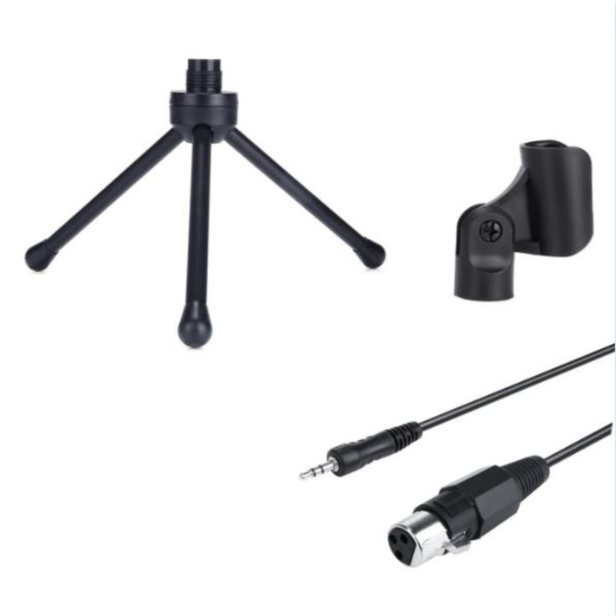 Schwarzes Stativ, Mikrofonhalterung und Audiokabel vor weißem Hintergrund.