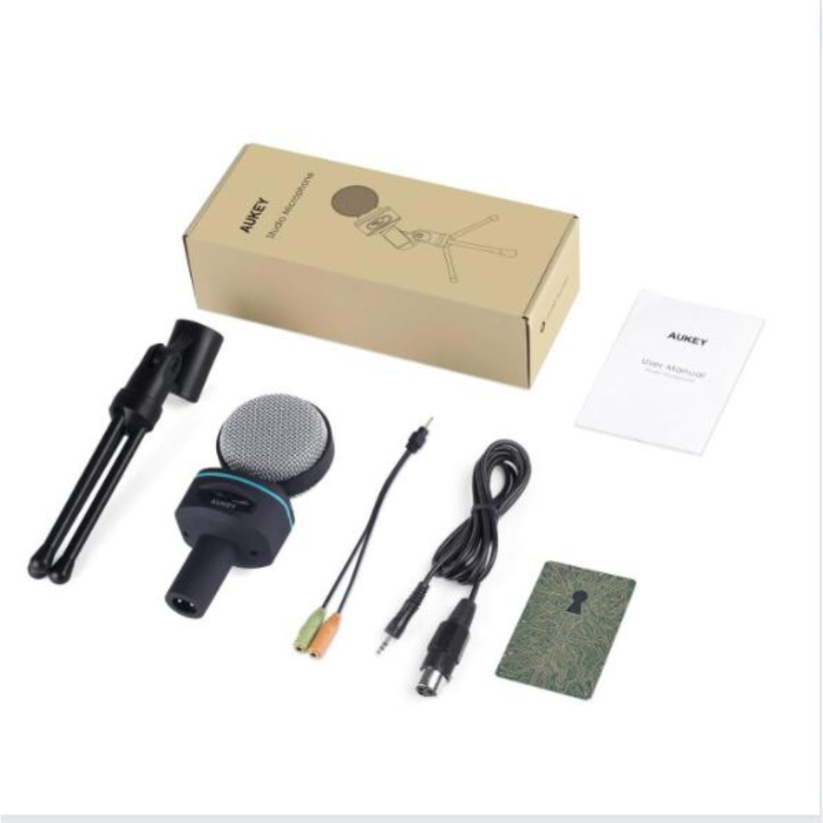 Ein Mikrofon-Kit in einer Box, einschließlich Mikrofon, Ständer, Kabel und Benutzerhandbuch.