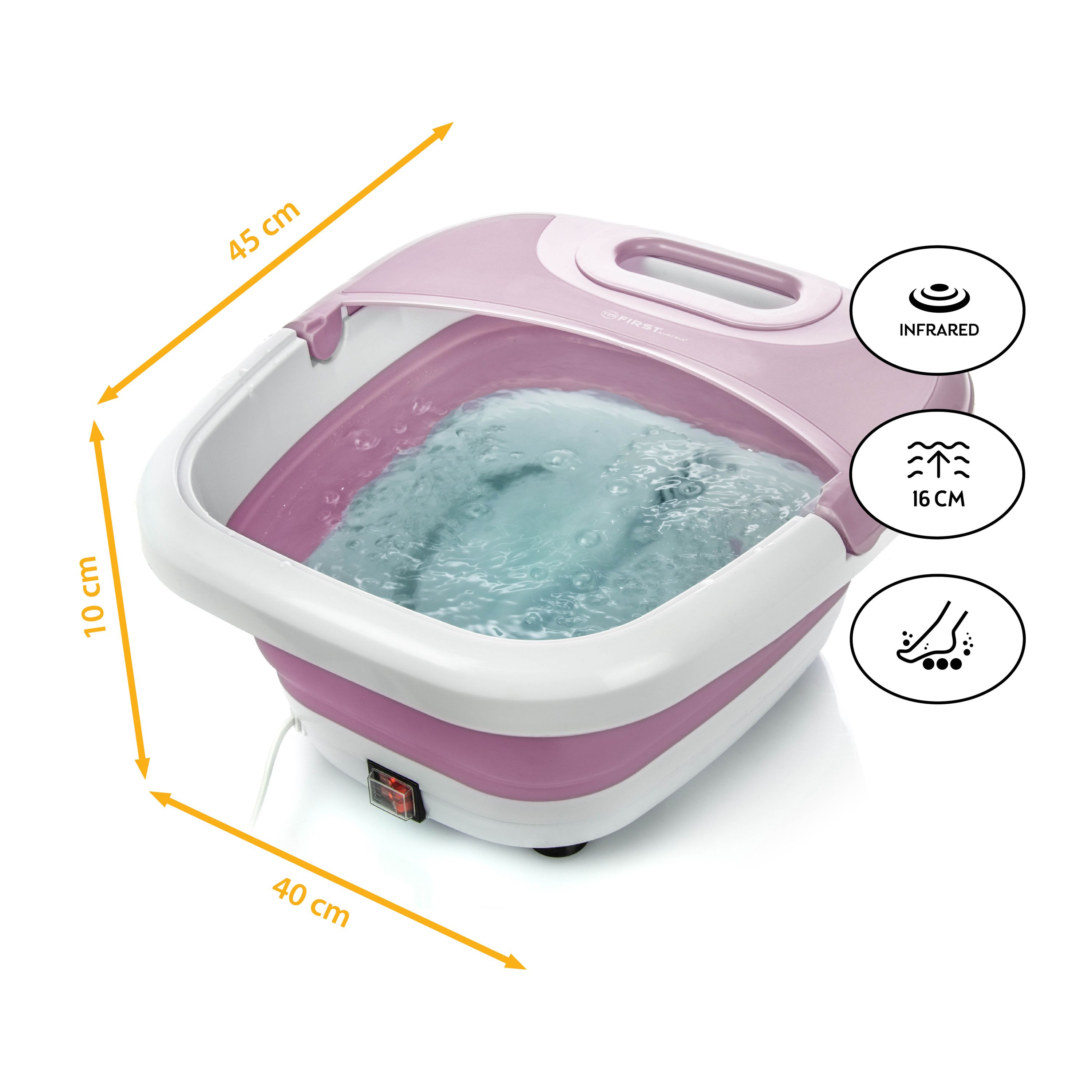 Ein rosa-weißes Fußbad mit Wasser. Es hat markierte Abmessungen und eine Infrarotfunktion.