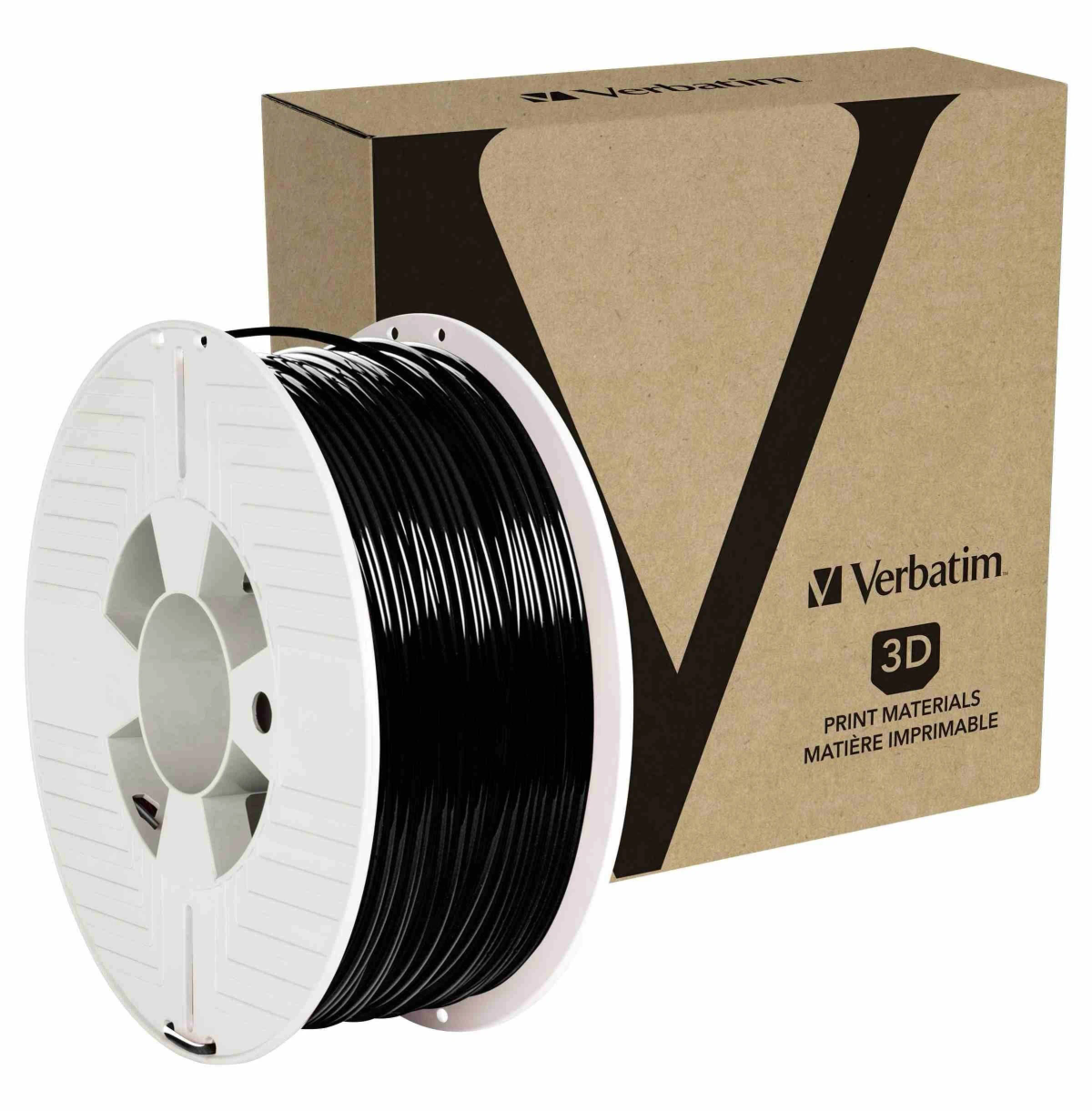 Eine Spule mit schwarzem 3D-Druckfilament in einem Karton. Die Marke ist Verbatim.