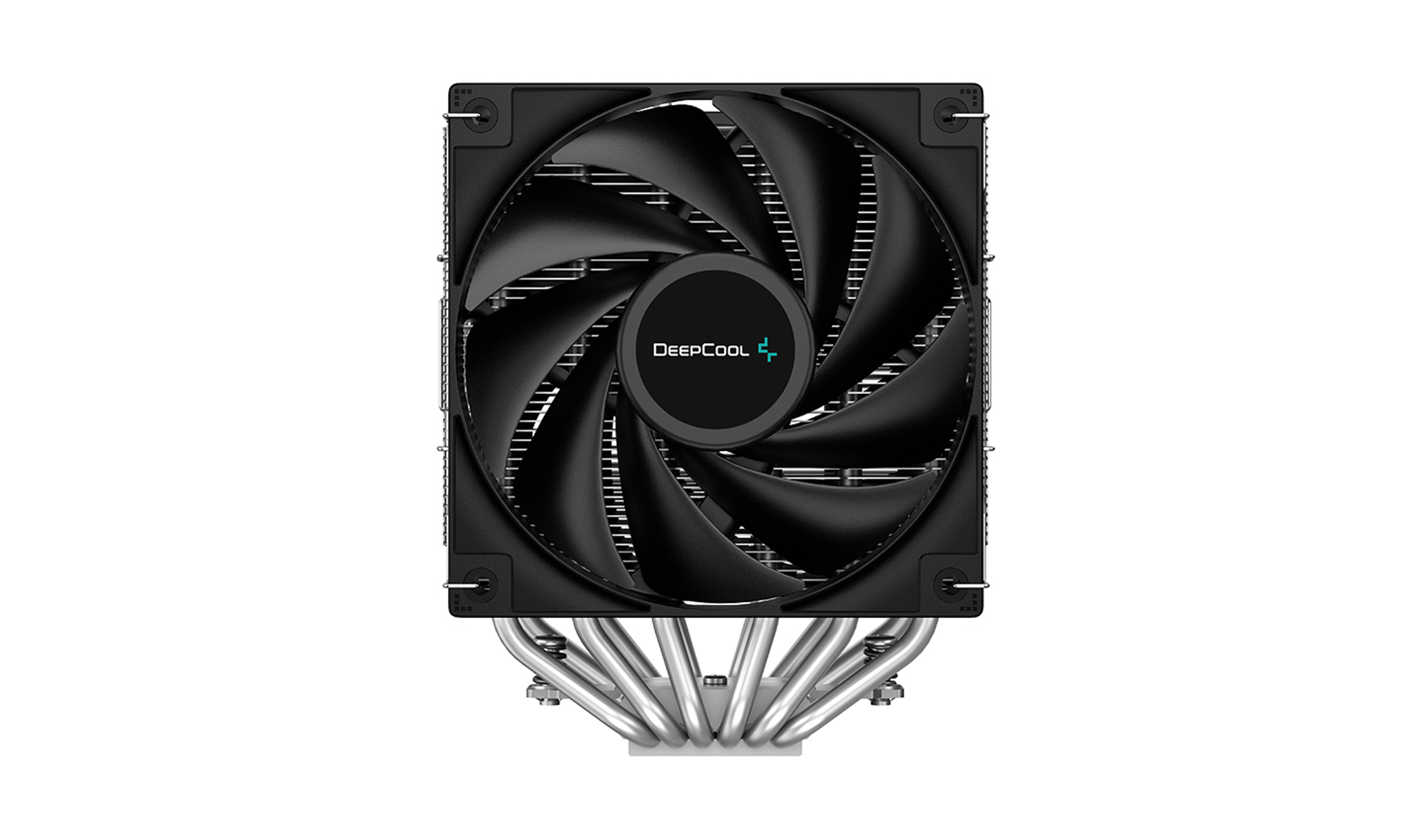 Ein schwarzer CPU-Lüfter mit mehreren Kühlrippen und einem DeepCool-Logo.