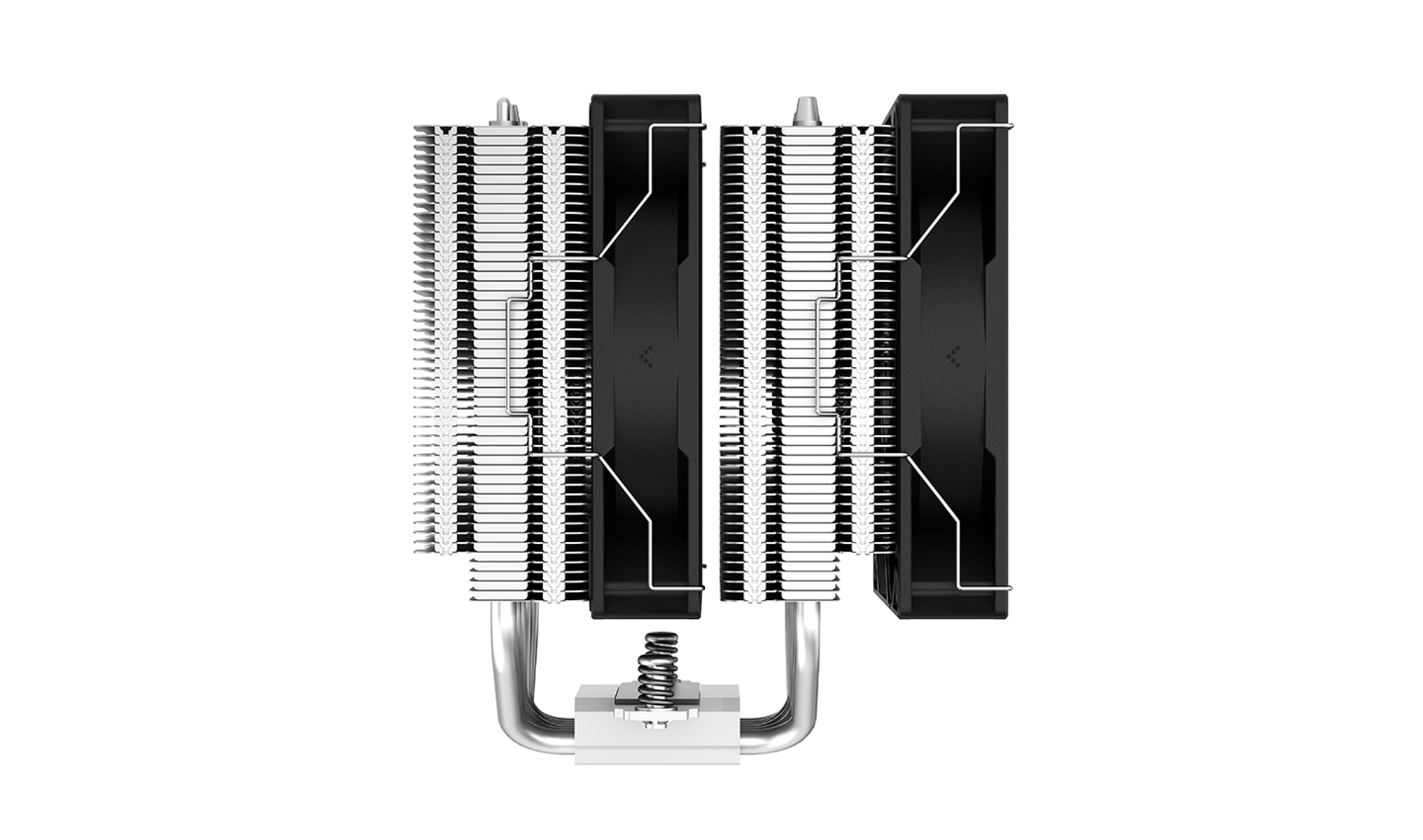 Eine Draufsicht auf einen CPU-Kühler mit zwei Lüftern und Kühlkörpern, auf weißem Hintergrund.