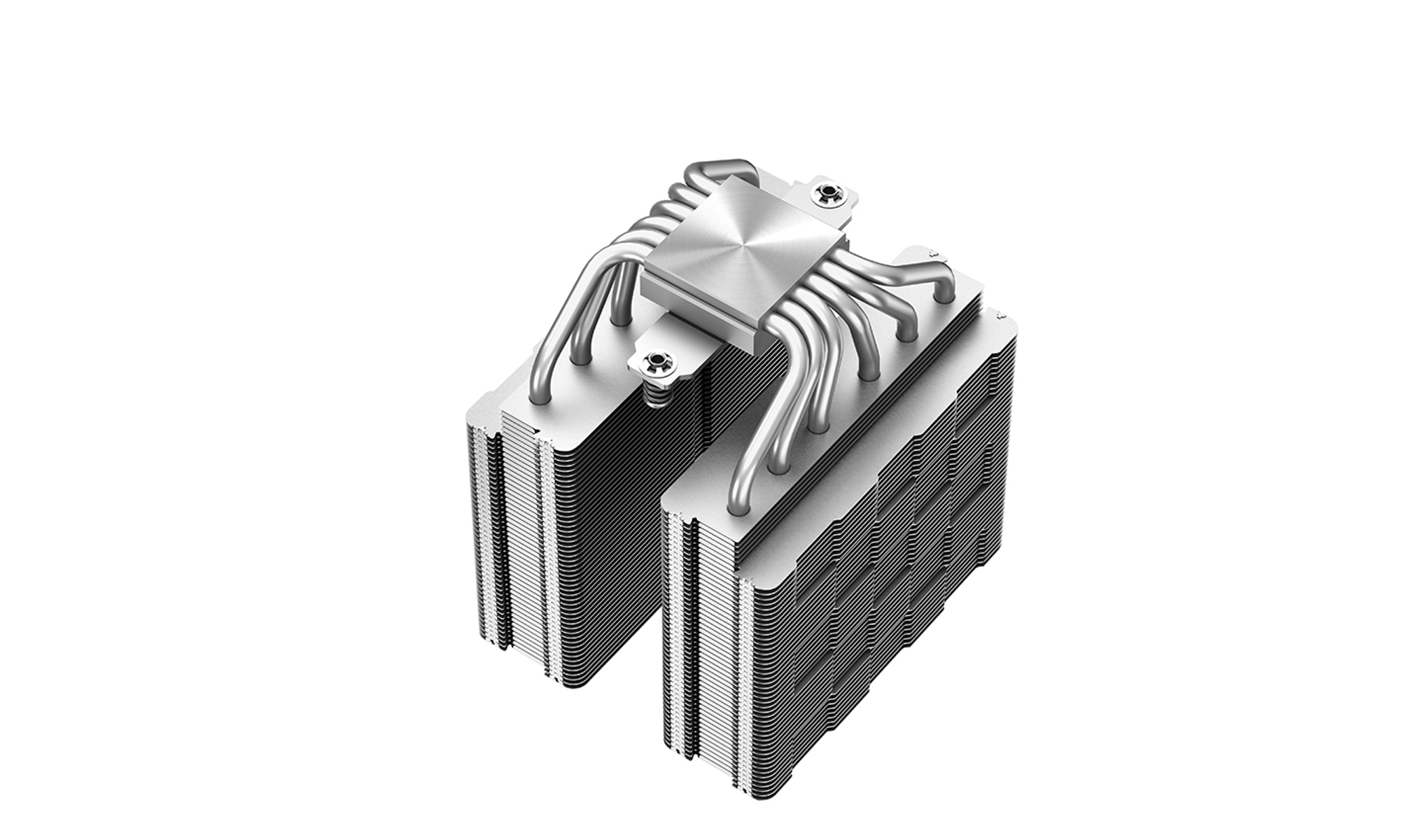Silberner CPU-Kühler mit Lamellen und Heatpipes, auf weißem Hintergrund.