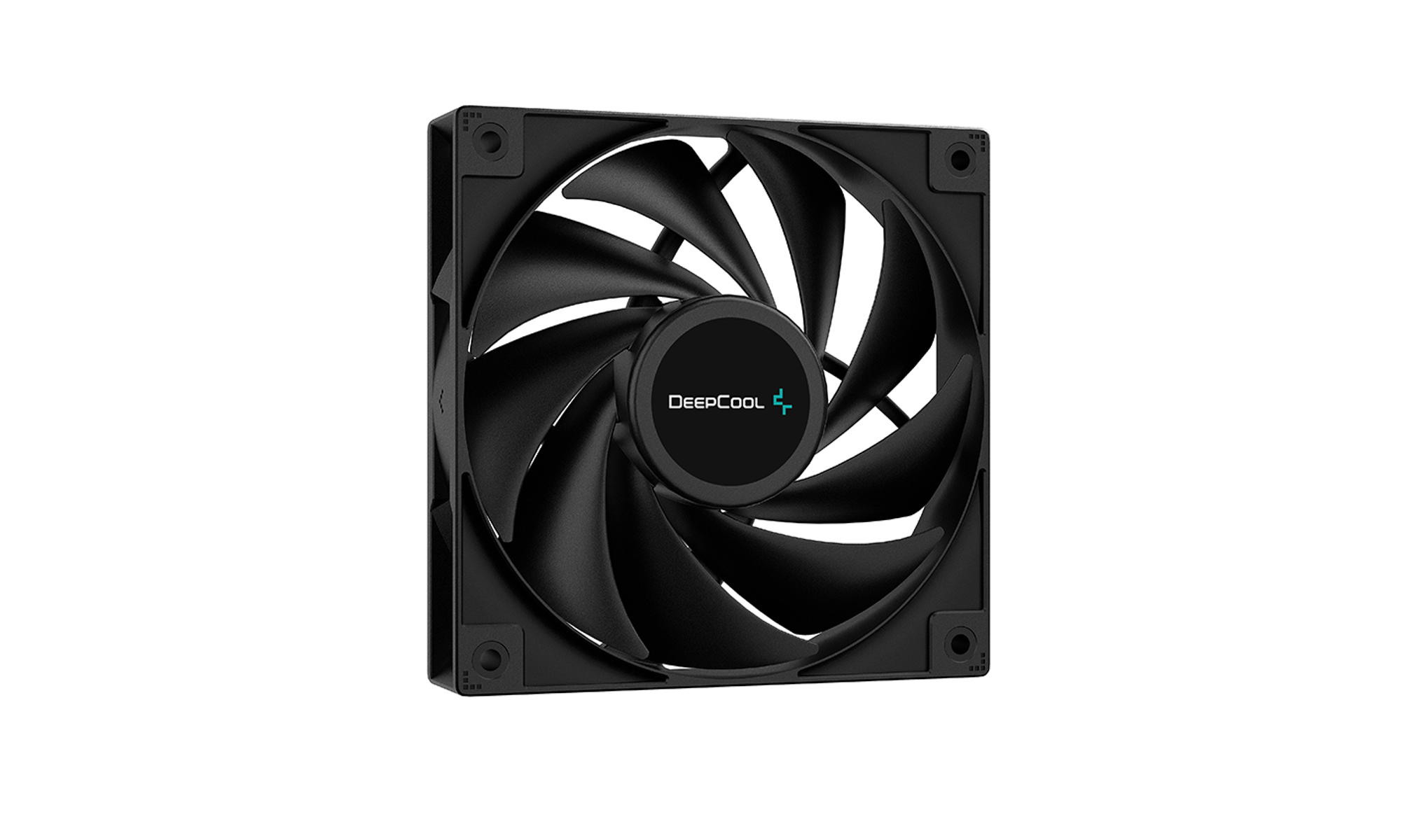 Ein schwarzer DeepCool-Lüfter. Er hat schwarze Flügel und ein DeepCool-Logo in der Mitte.
