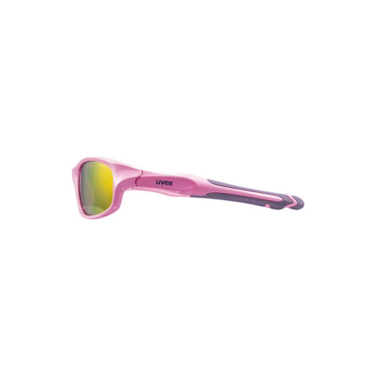 Rosa und graue Uvex-Sonnenbrille auf weißer Oberfläche.