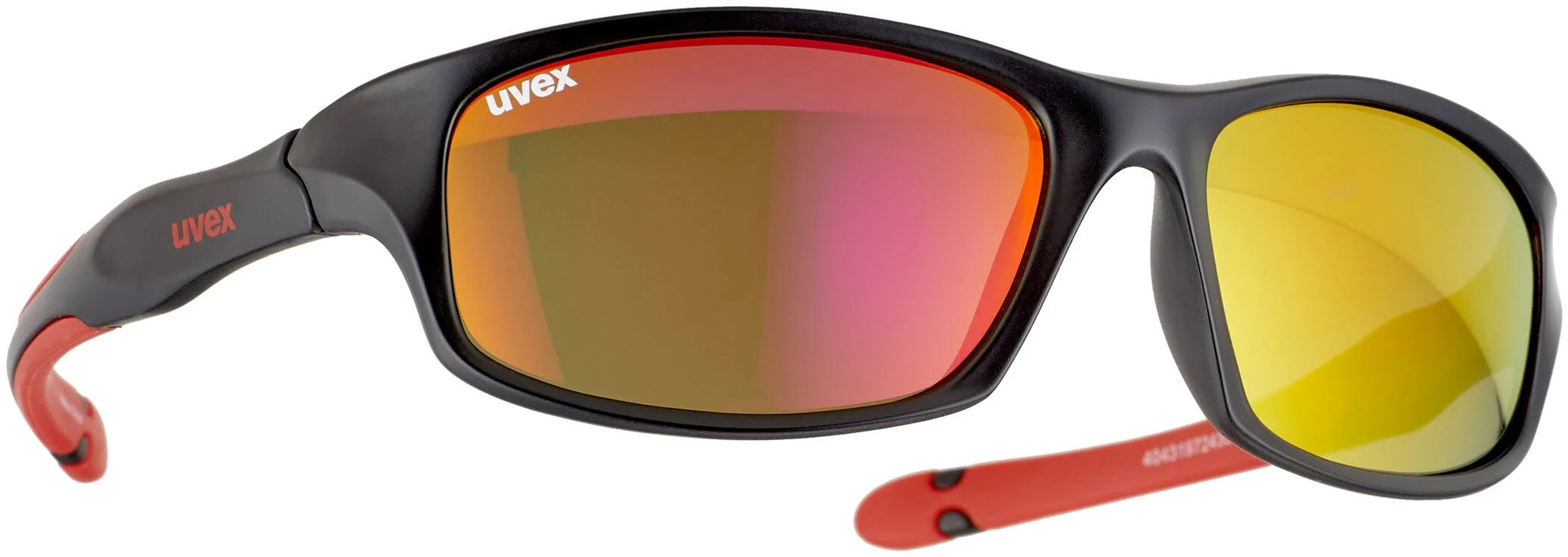 Schwarze und rote Uvex-Sonnenbrille mit reflektierenden Gläsern.