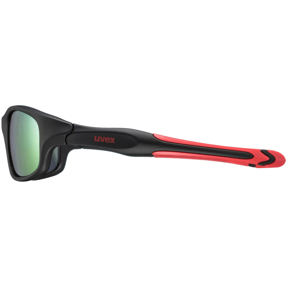 Schwarze Uvex-Sonnenbrille mit roten Akzenten, auf einer weißen Oberfläche liegend.