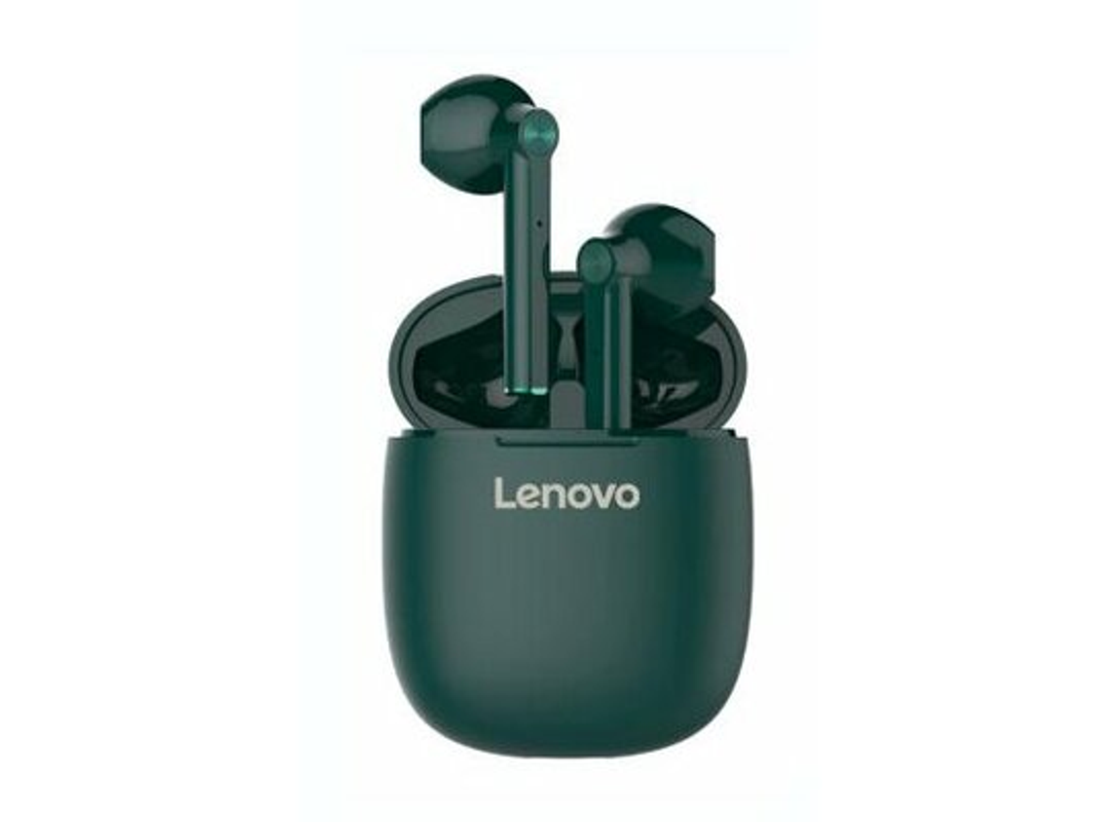 Auricolari Lenovo verdi nella loro custodia di ricarica. Sfondo bianco.
