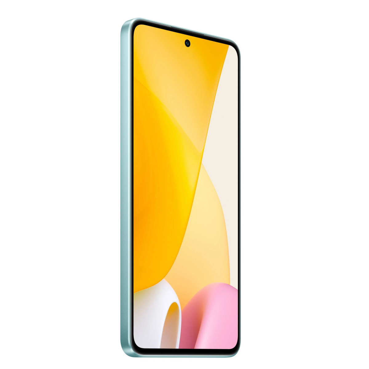 Widok z boku zielonego smartfona z żółto-różowym tłem.