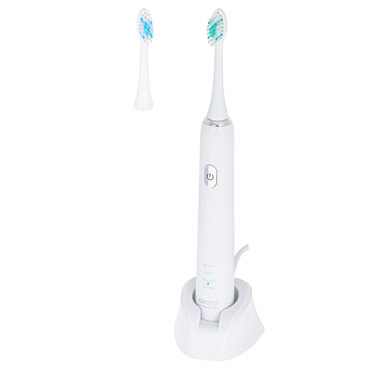 A white electric toothbrush with two heads. It's placed in a charging station.