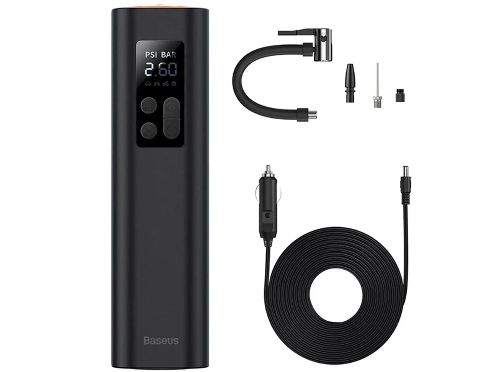 Czarna przenośna pompka powietrza z akcesoriami: wężem, dyszami i kablem do ładowania samochodowego.