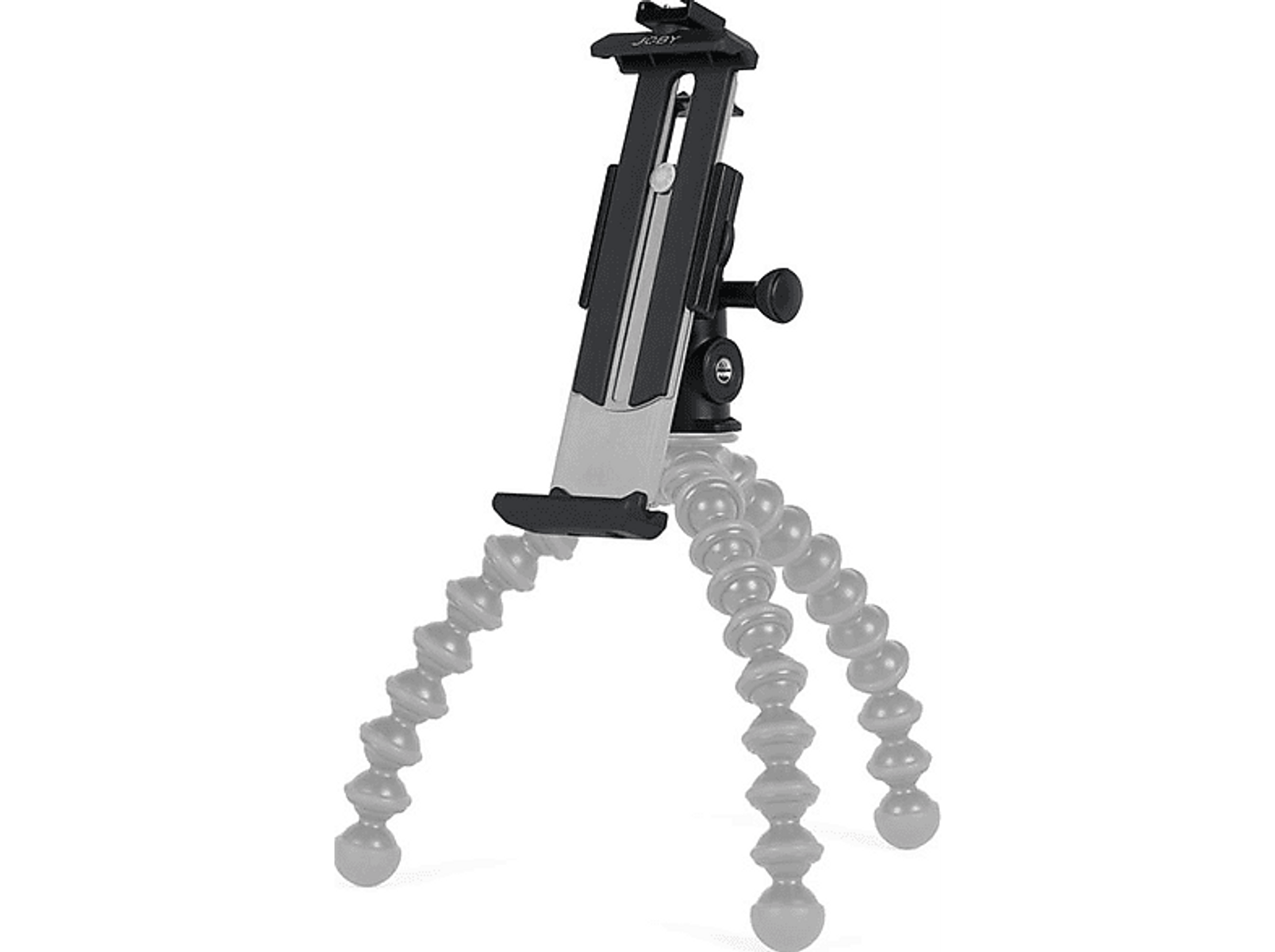 Ein Tablethalter an einem flexiblen Stativ befestigt, mit verschwommener grauer Stativbasis. Das Tablet ist nicht sichtbar.
