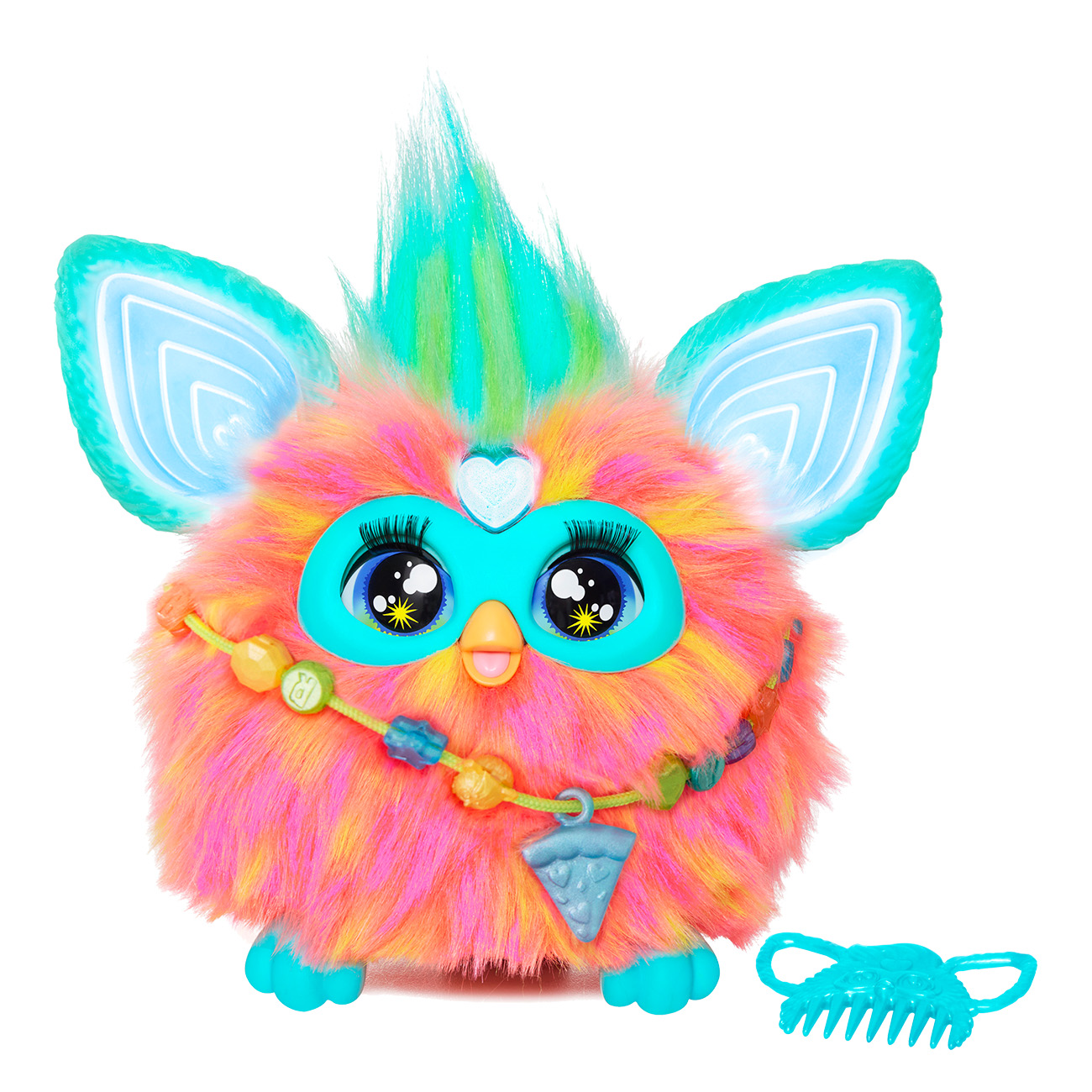 Buntes Furby-Spielzeug mit blauen Akzenten. Es hat eine Halskette und einen Kamm. Weißer Hintergrund.