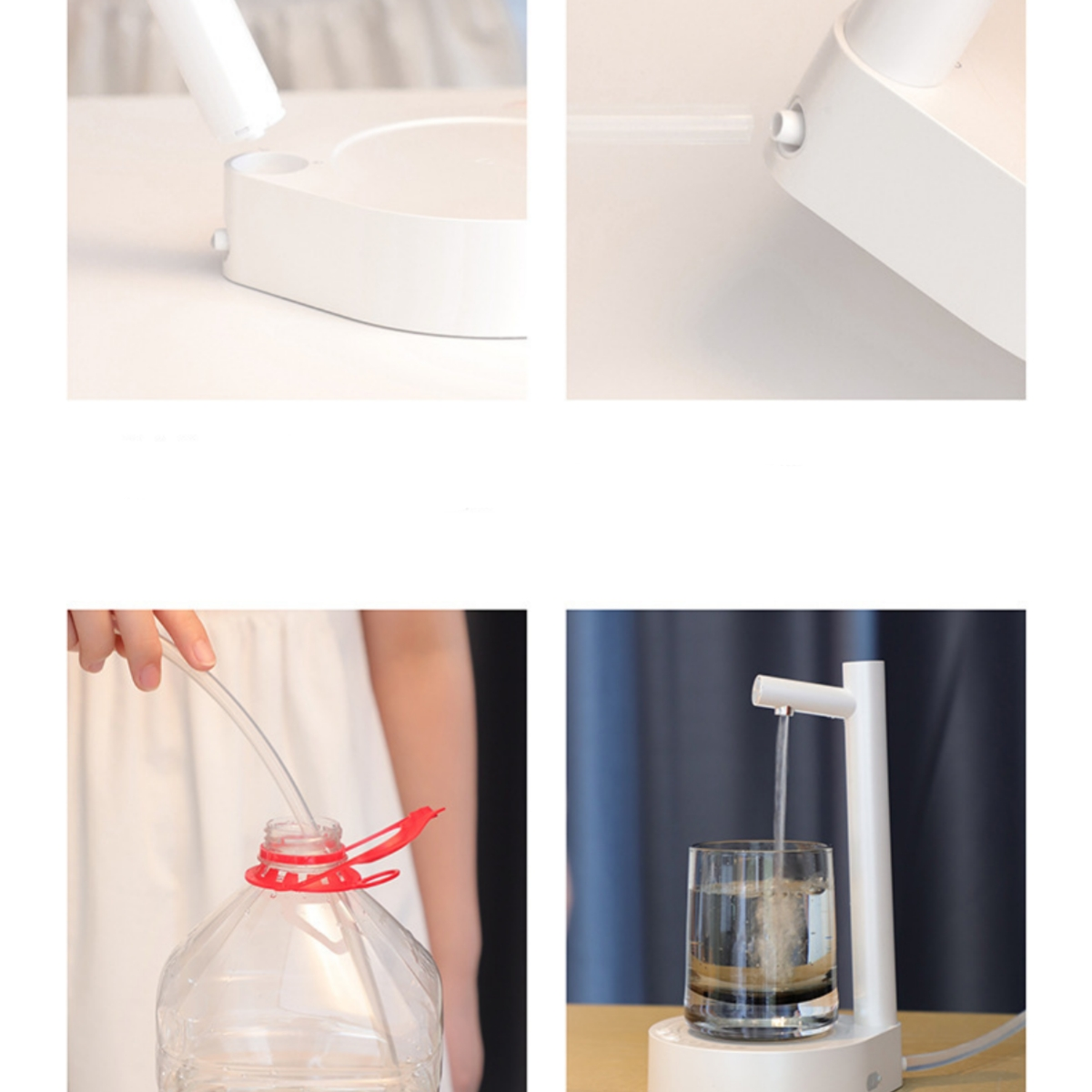 Weißer Wasserspender mit Schlauch, der eine Flasche befüllt. Wasser fließt aus einem Ausguss in ein Glas.