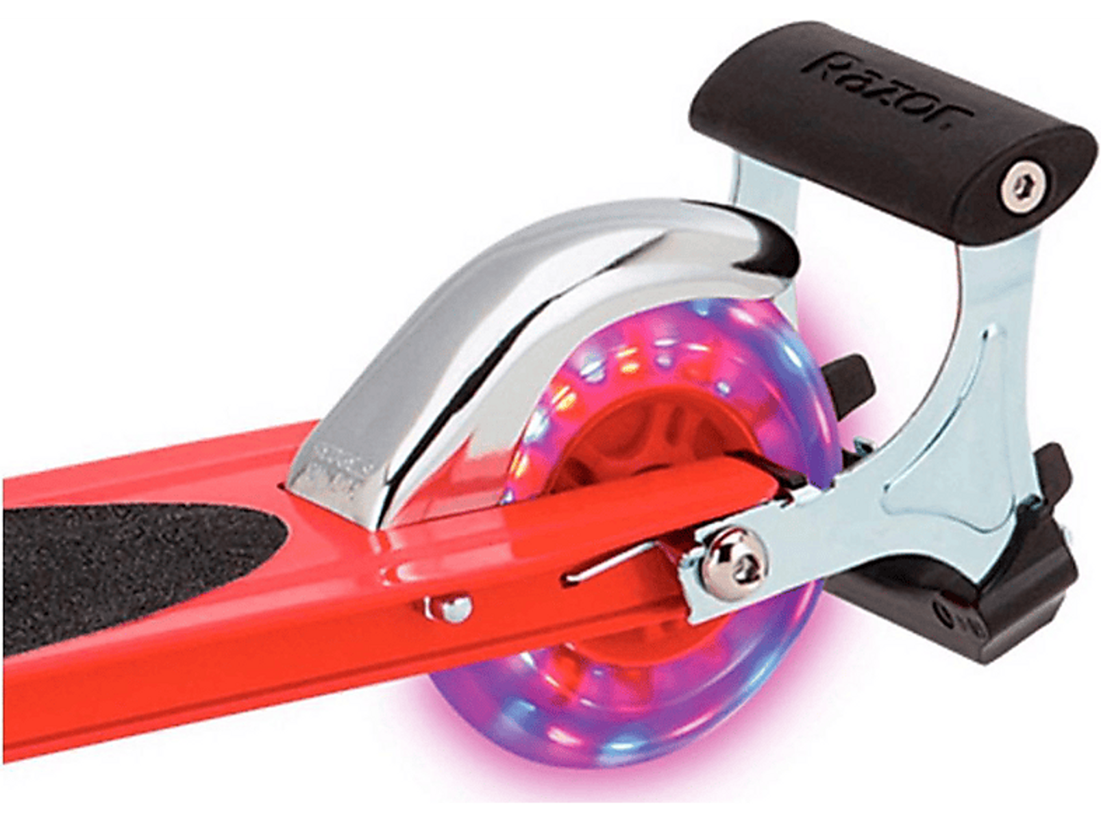 Rotes Roller-Rad mit LED-Leuchten, Chrom-Kotflügel und schwarzem Griff.