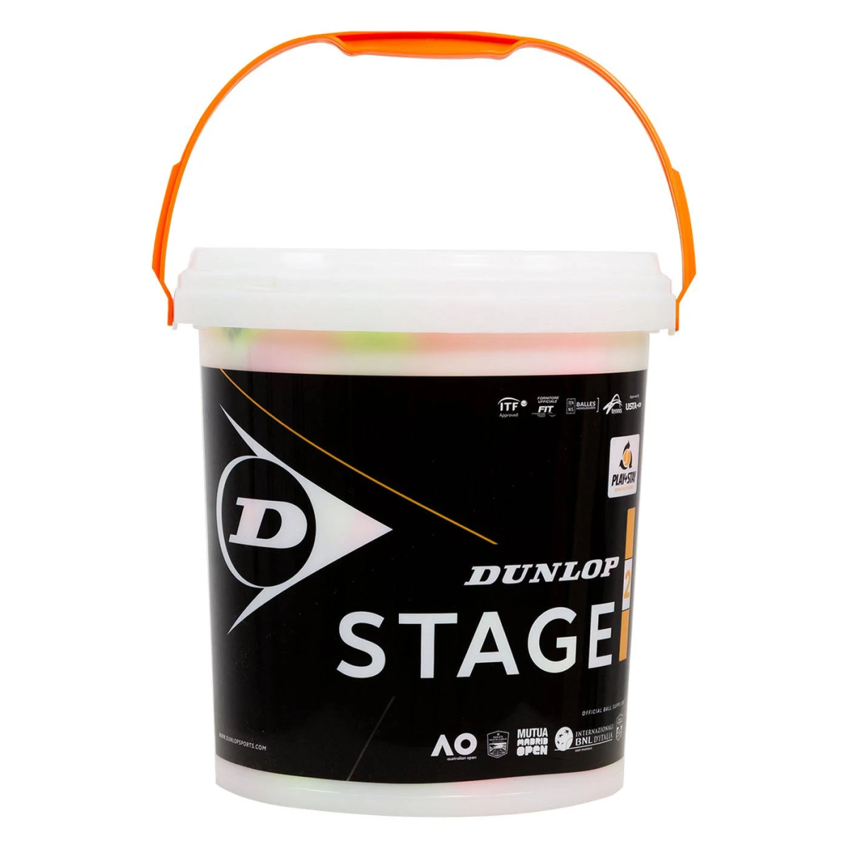 Secchio bianco con marchio nero e manico arancione, contenente palline da tennis.