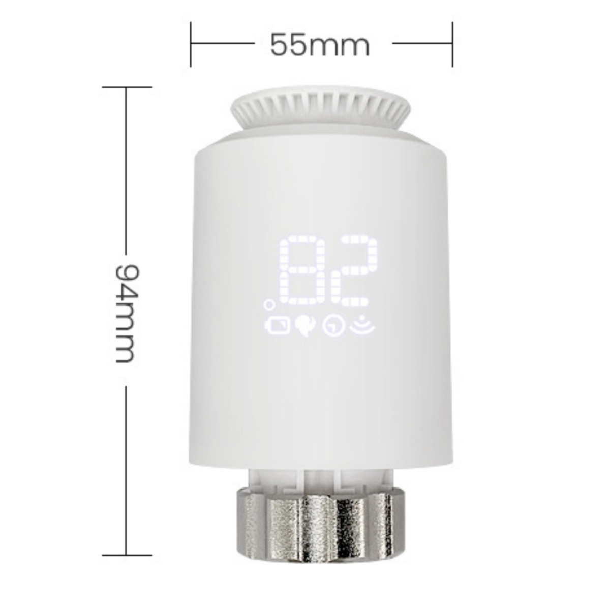 Weißer Thermostat mit Digitalanzeige, die 28 anzeigt. Die Abmessungen sind 94 mm x 55 mm.