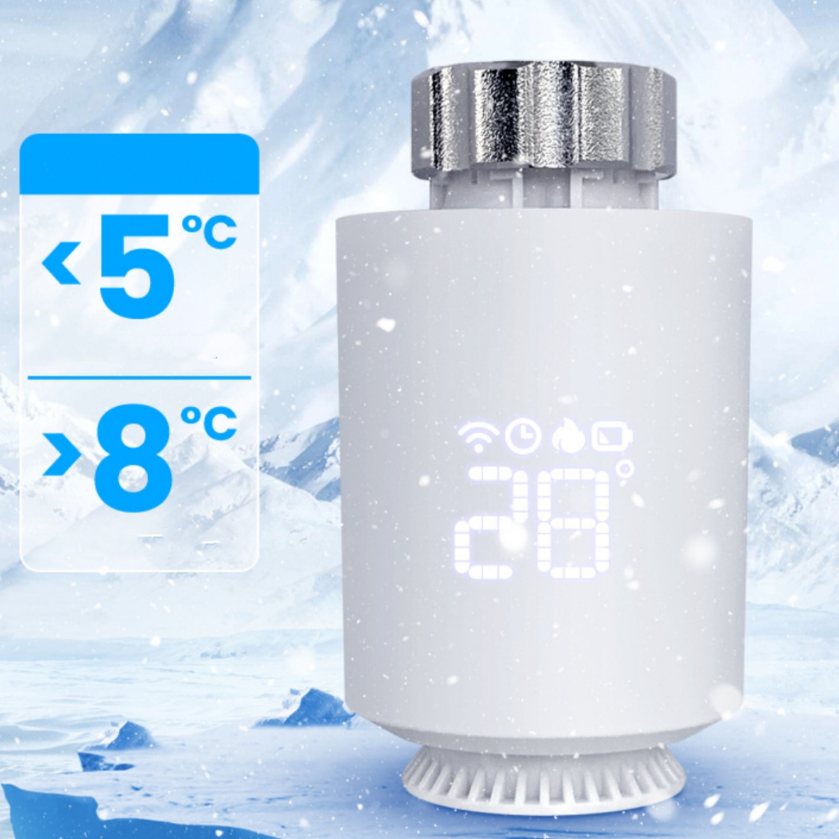 Weißer intelligenter Thermostat mit Digitalanzeige, Temperatureinstellungen und schneebedecktem Hintergrund.