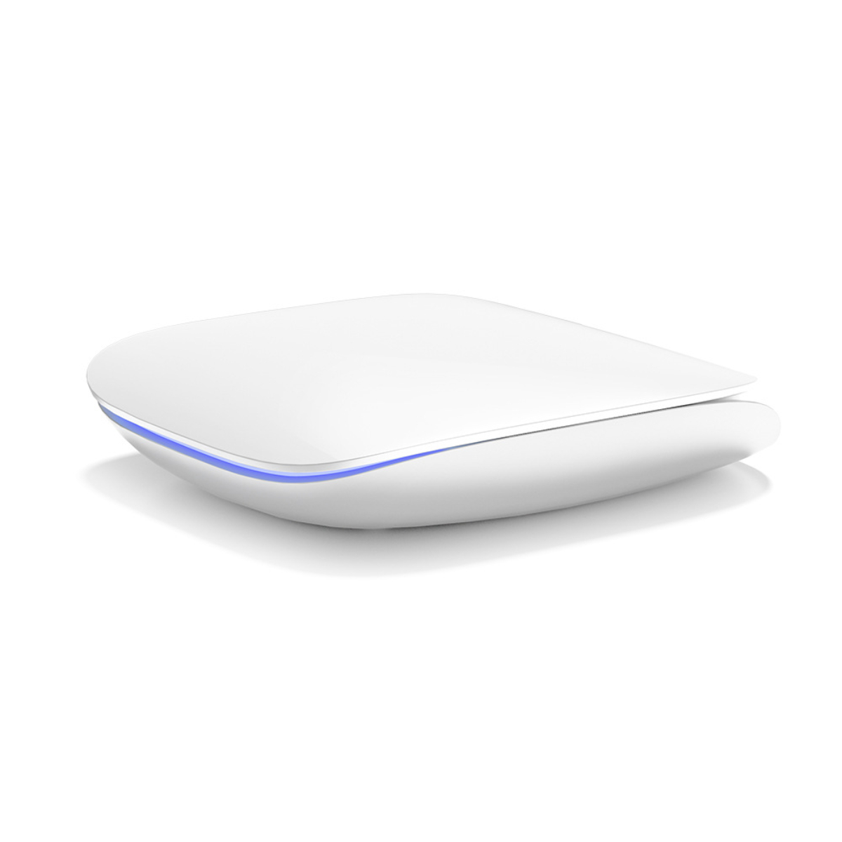 Weißes ovales Gerät mit blauem Lichtumriss, wahrscheinlich ein Router oder Modem.