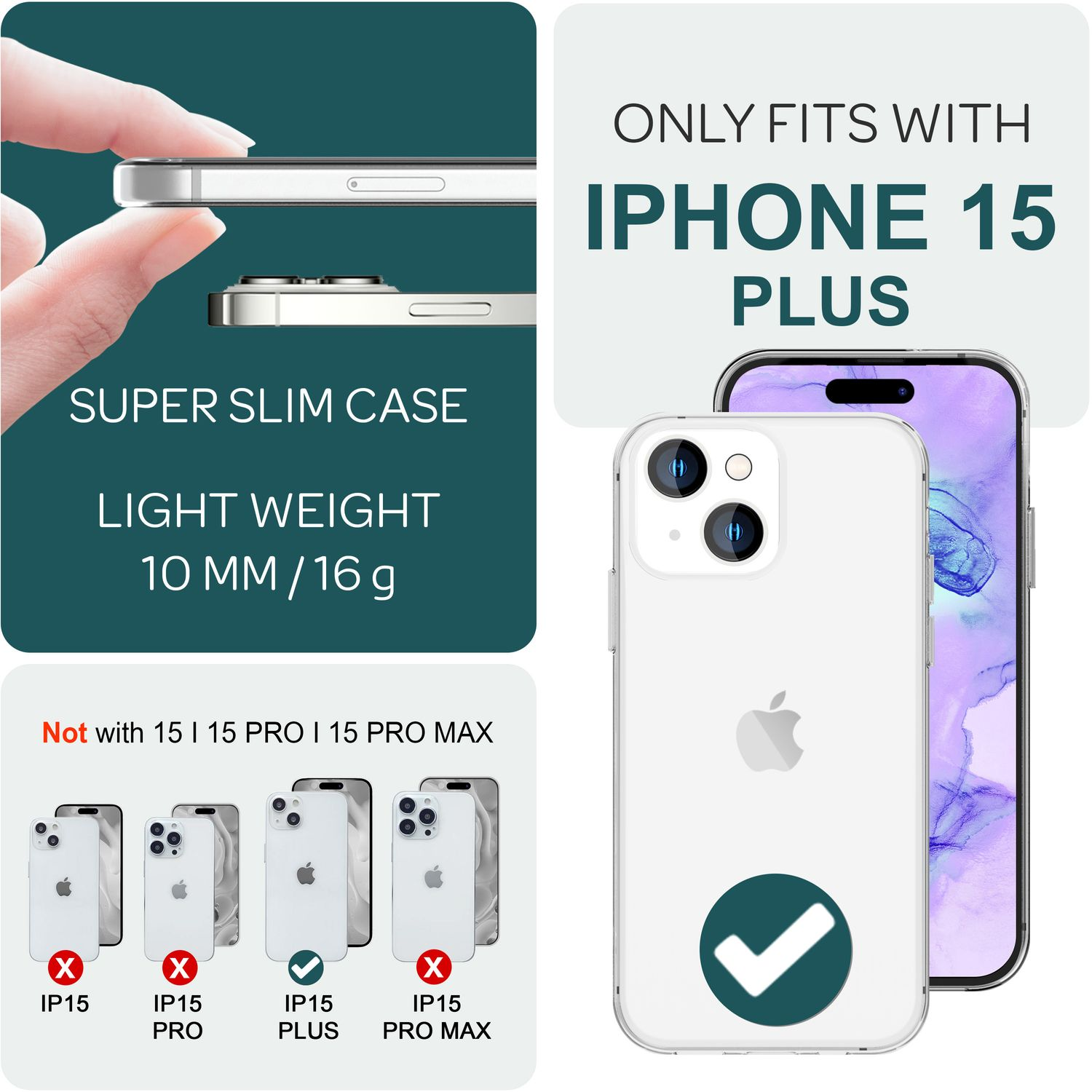 Weiße Handyhülle, mit Text: Nur passend für iPhone 15 Plus.