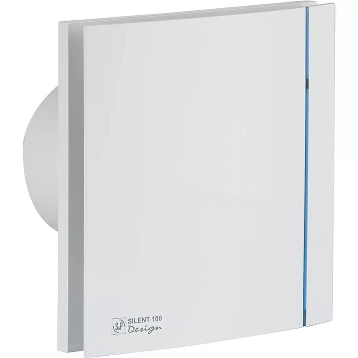 Ein weißer quadratischer Lüfter mit blauem Akzent und den Worten 'SILENT 100 Design'.