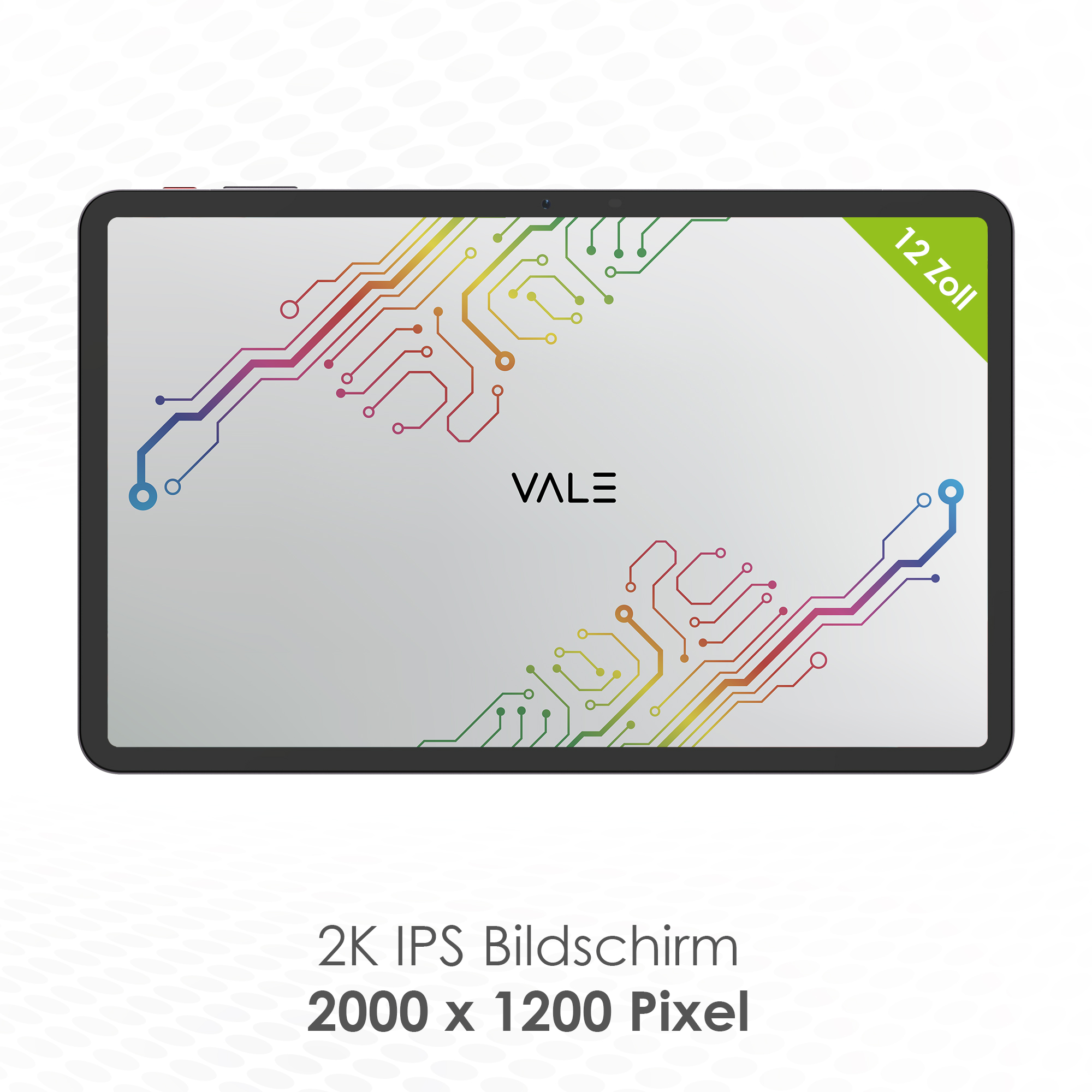 Schwarzes Tablet mit Schaltkreismuster auf dem Bildschirm. Der Text 'VALE' ist sichtbar.