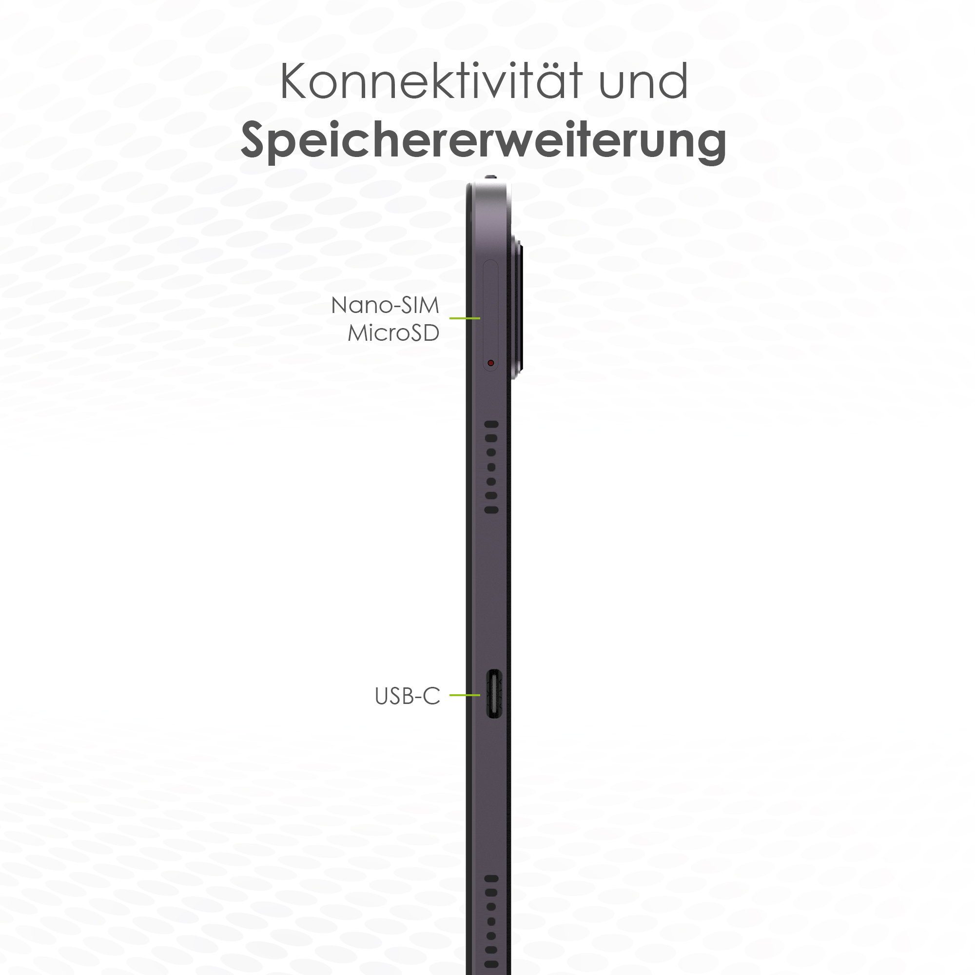 Seitenansicht eines Tablets mit Anschlüssen für SIM, MicroSD und USB-C, mit Text.