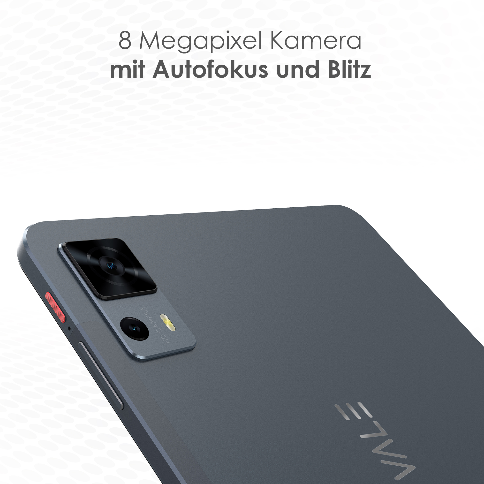 Die Rückseite eines grauen Smartphones. Kameramodul und Branding vorhanden. Text lautet '8 Megapixel Kamera mit Autofokus und Blitz'.