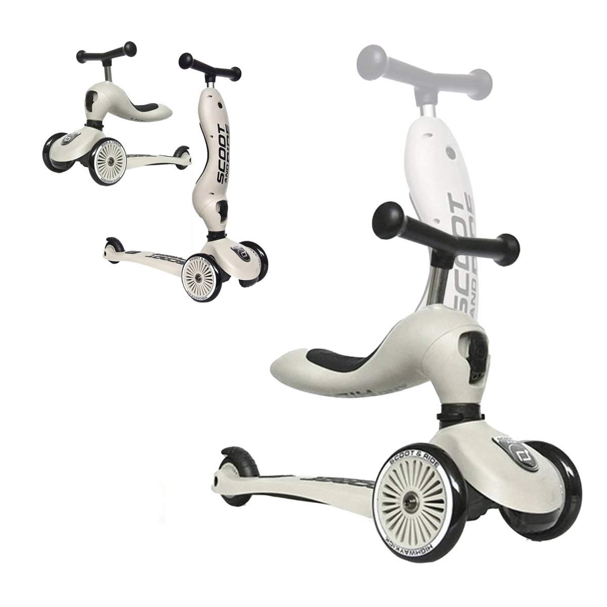 Trois trottinettes Scoot & Ride blanches avec guidon et roues noirs. L'une est en gros plan.