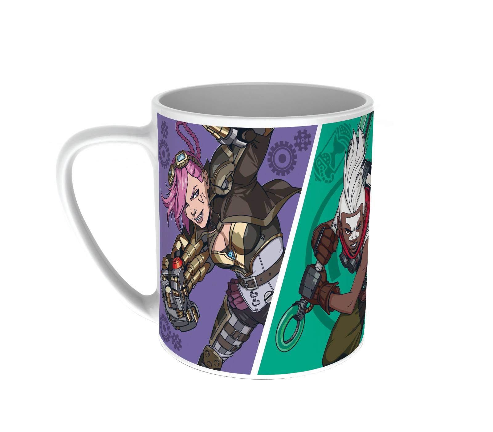 Weißer Becher mit zwei Zeichentrickfiguren auf der Vorderseite. Einer hat rosa Haare, der andere weiße Haare.