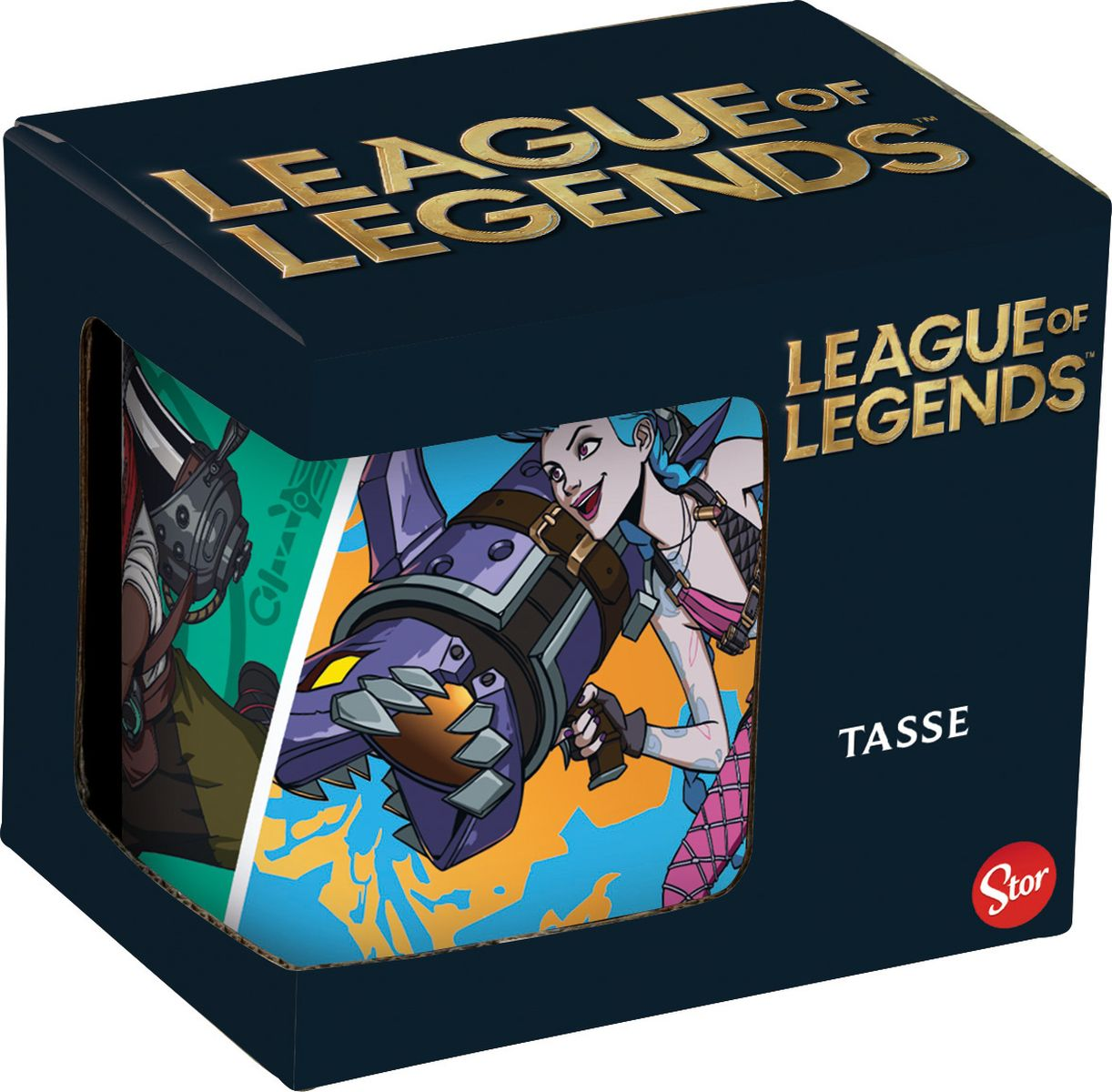 League of Legends Tasse in einer Box mit Charakterbildern.