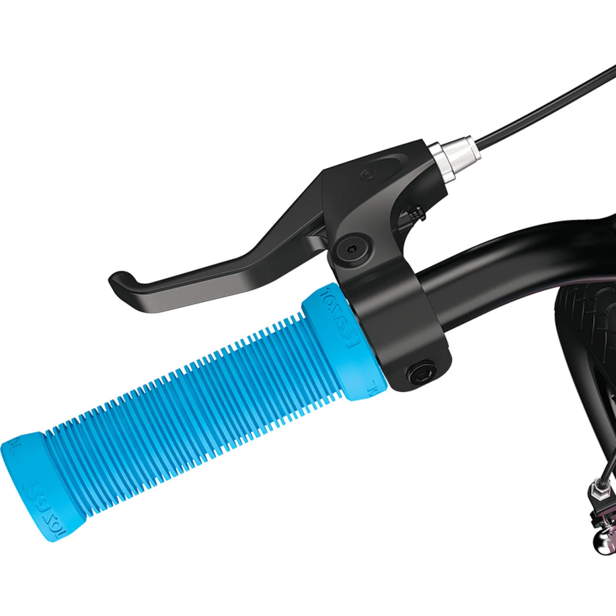 Zbliżenie kierownicy hulajnogi z niebieskim uchwytem i czarną dźwignią hamulca.