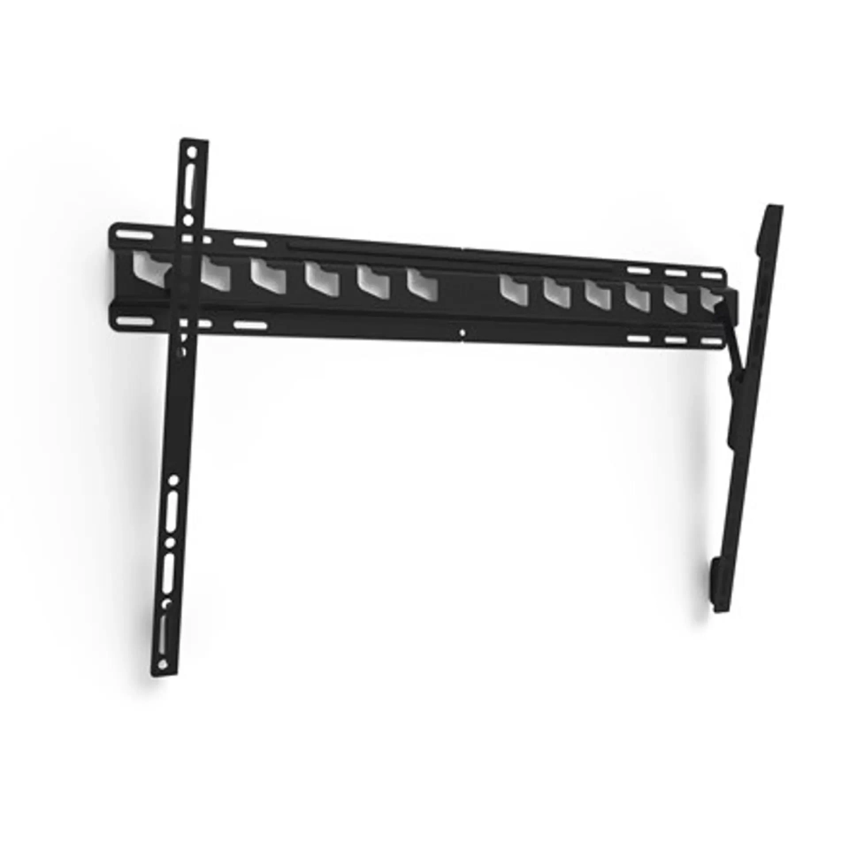 Schwarze TV-Halterung an einer weißen Wand, mit zwei Auslegerarmen.