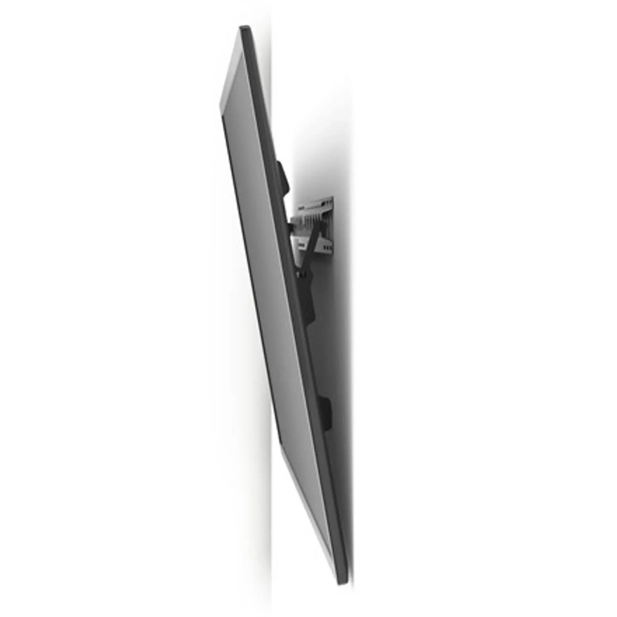 Ein schwarzer Fernseher an einer weißen Wand montiert. Es ist in einem Winkel.